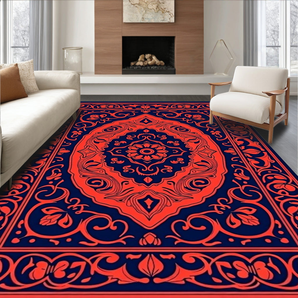 Ornate Floral Symmetry Red Blue Rug