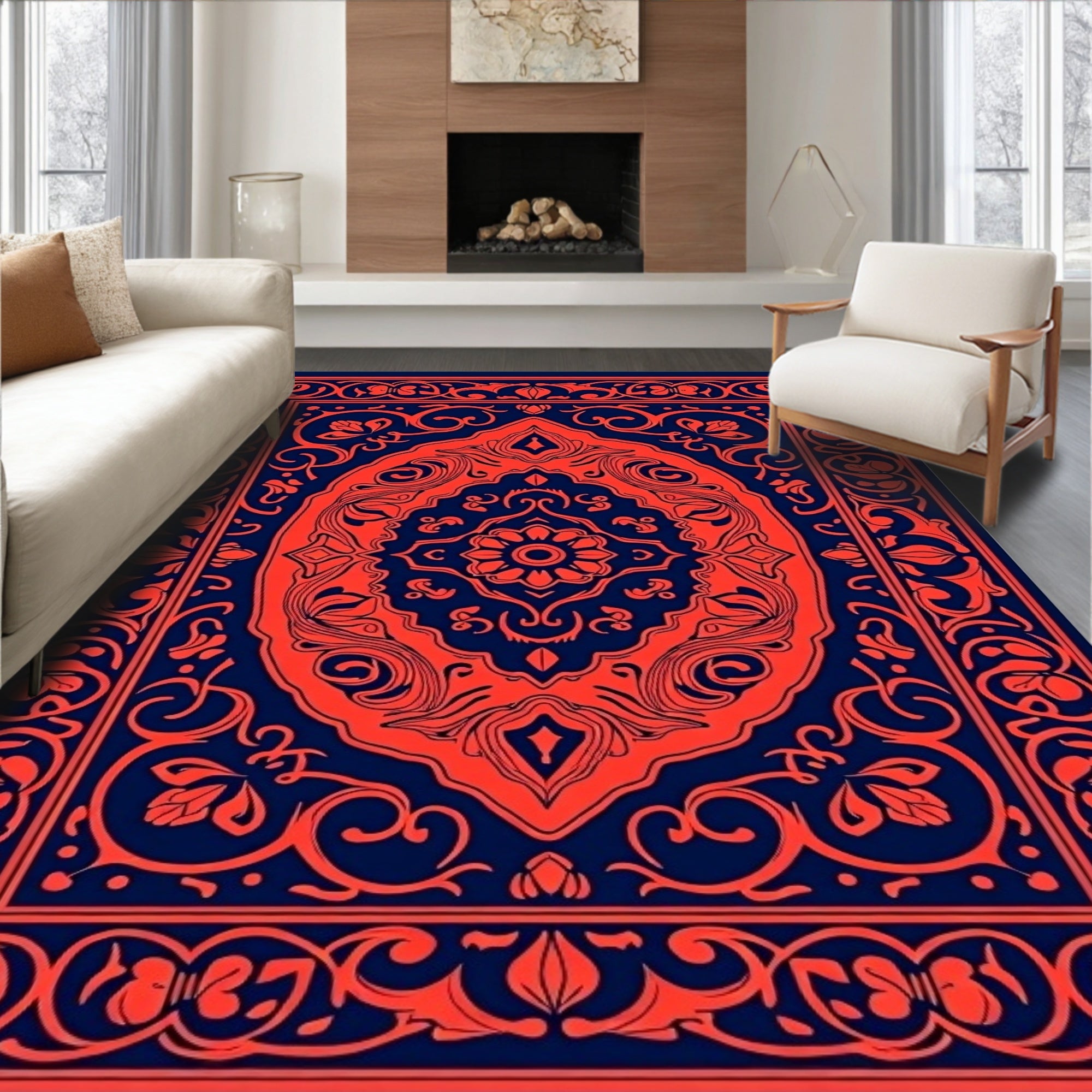 Ornate Floral Symmetry Red Blue Rug