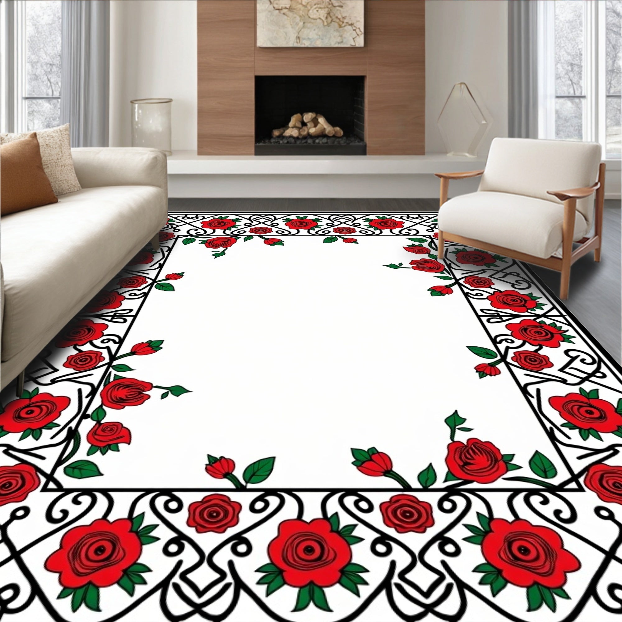 Red Rose Patterned Classic Vine Rug