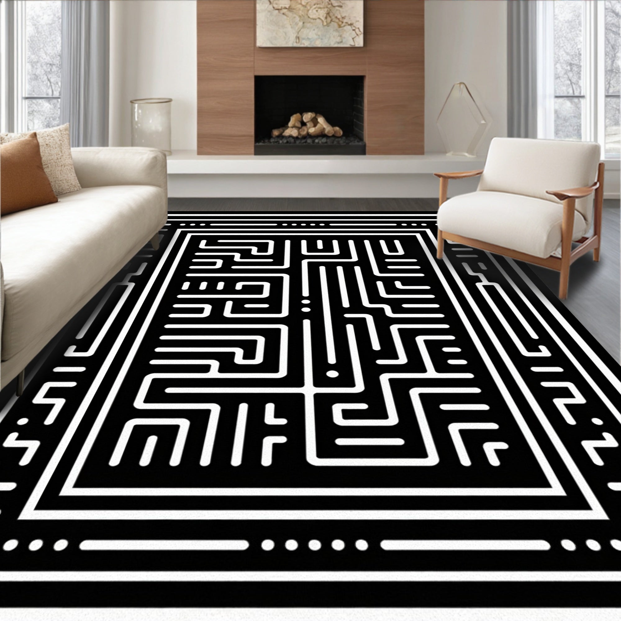 Bold Black White Maze Pattern Rug