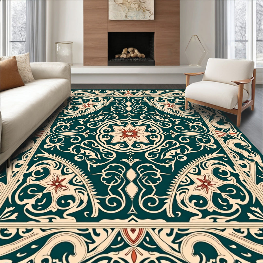 Ornate Floral Swirl Border Design Rug