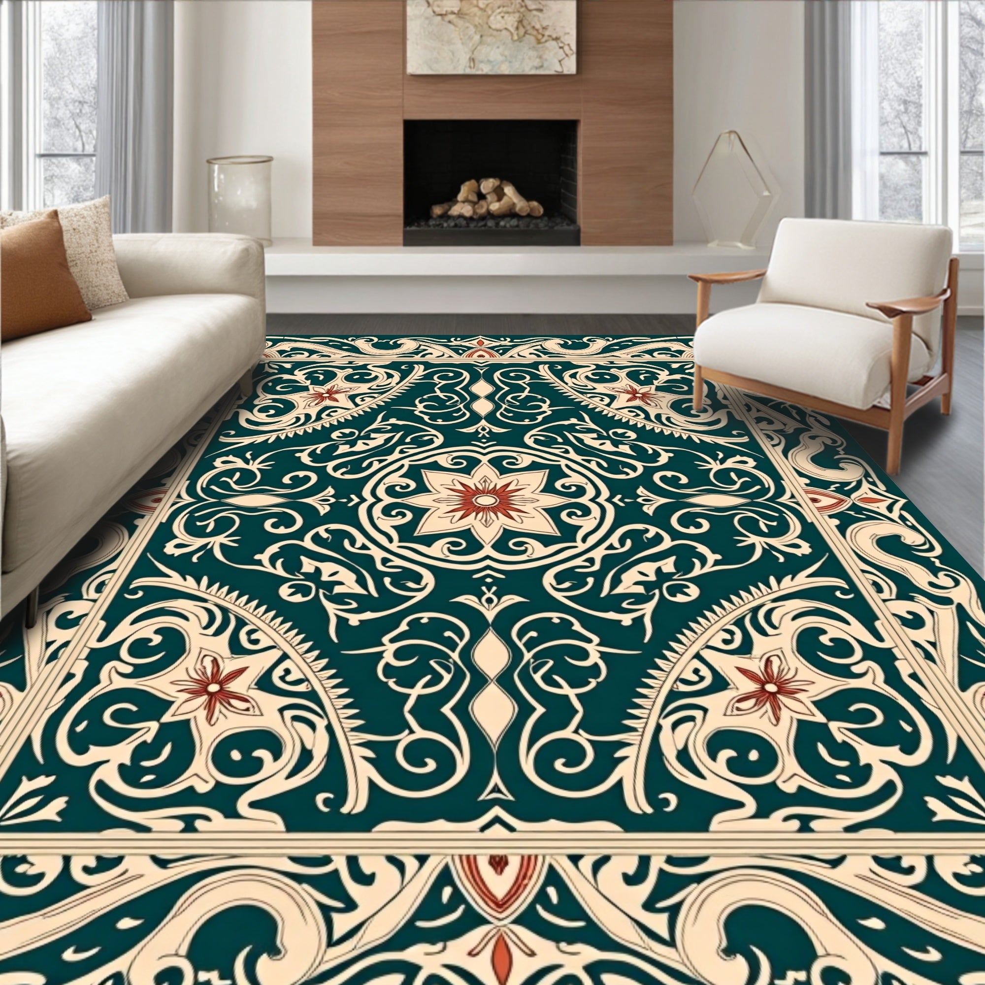 Ornate Floral Swirl Border Design Rug