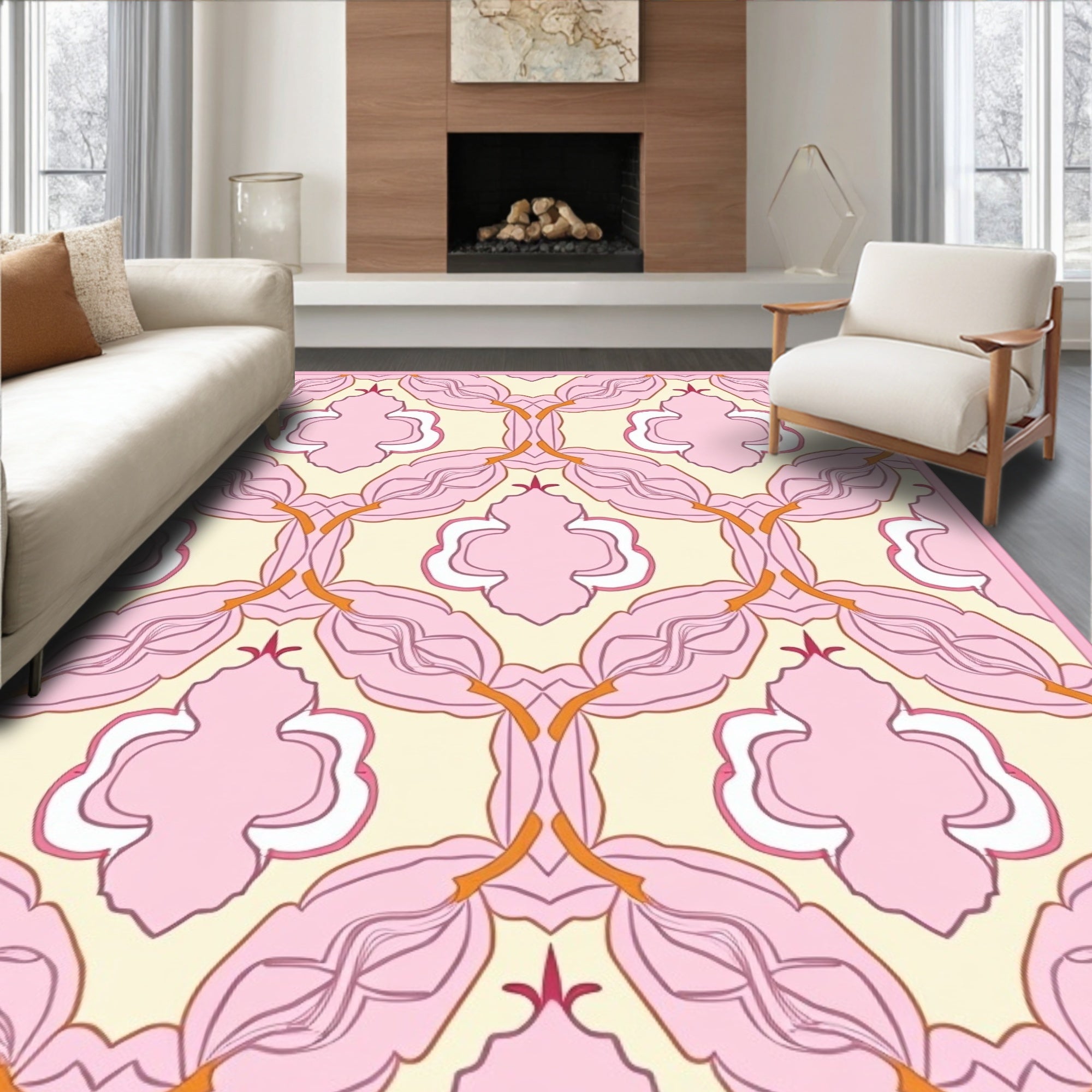 Pink Floral and Quatrefoil Pattern Rug