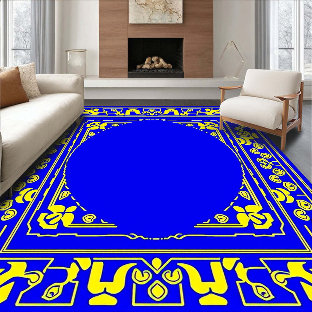 Royal Blue Geometric Floral Border Rug