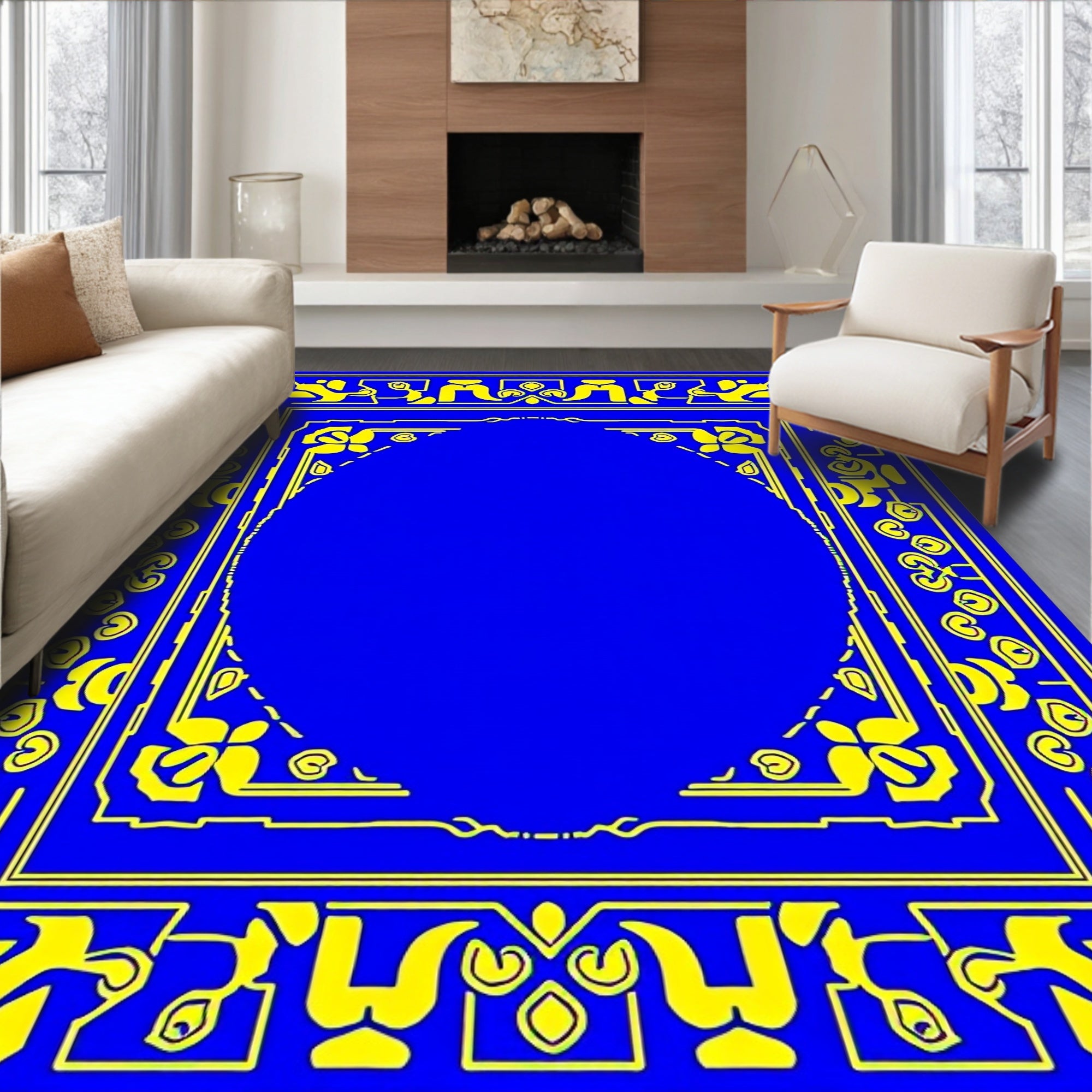 Royal Blue Geometric Floral Border Rug
