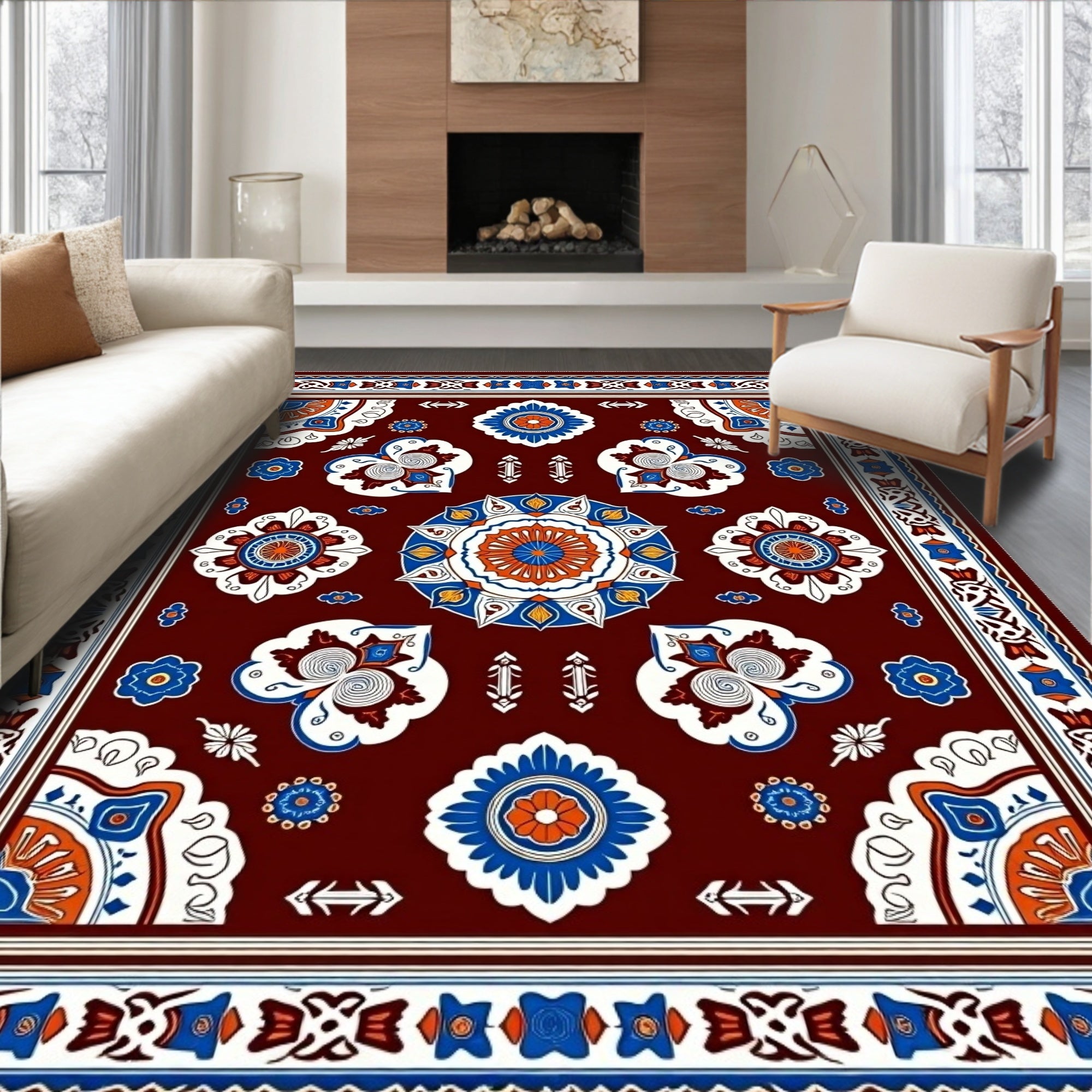 Ornate Red Blue Floral Mandala Rug