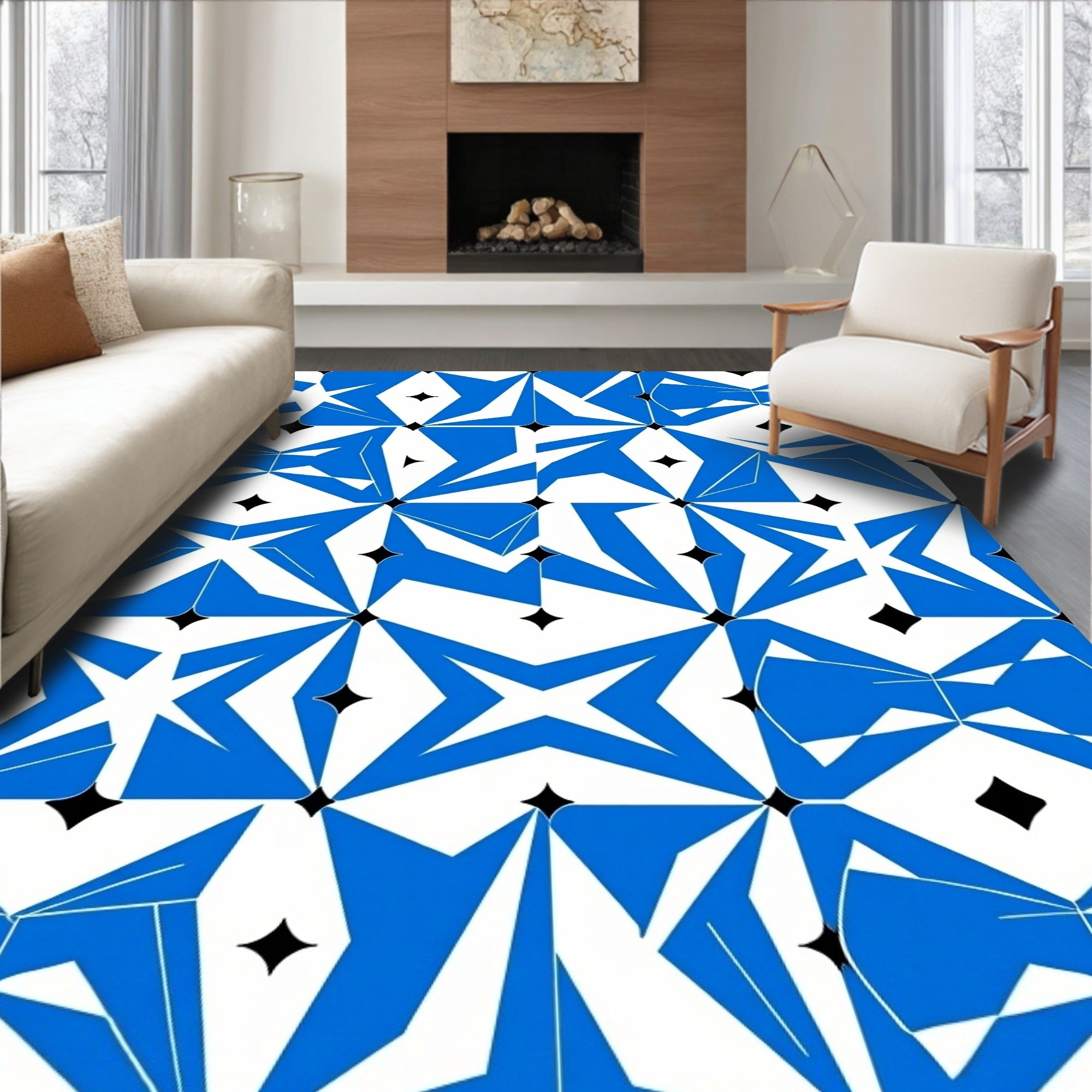 Abstract Blue Starburst Geometric Pattern Rug