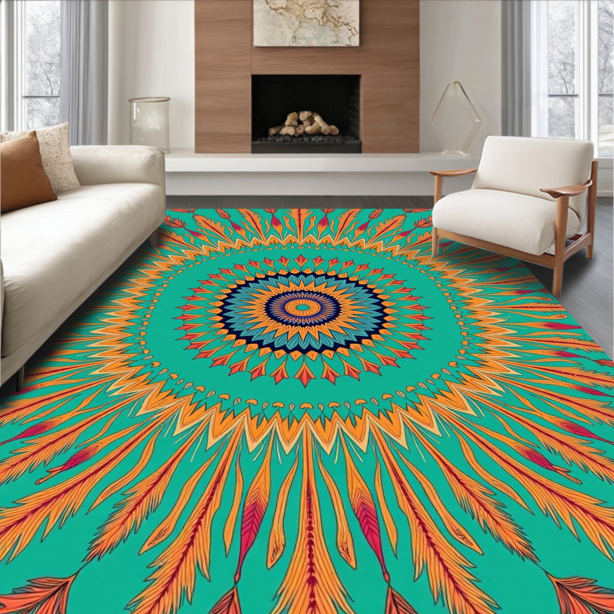 Vibrant Feather Mandala Pattern Rug