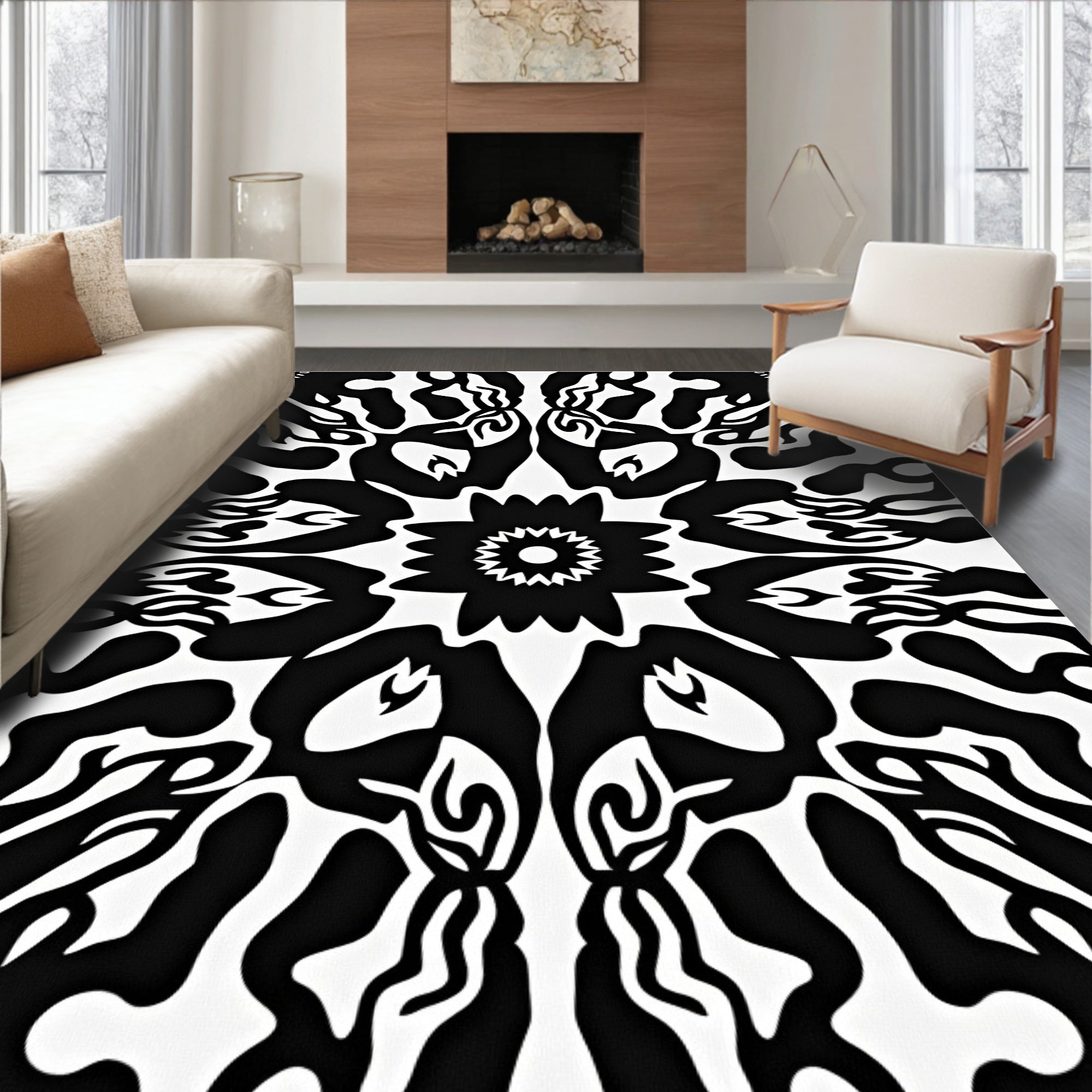 Bold Symmetrical Black White Pattern Rug