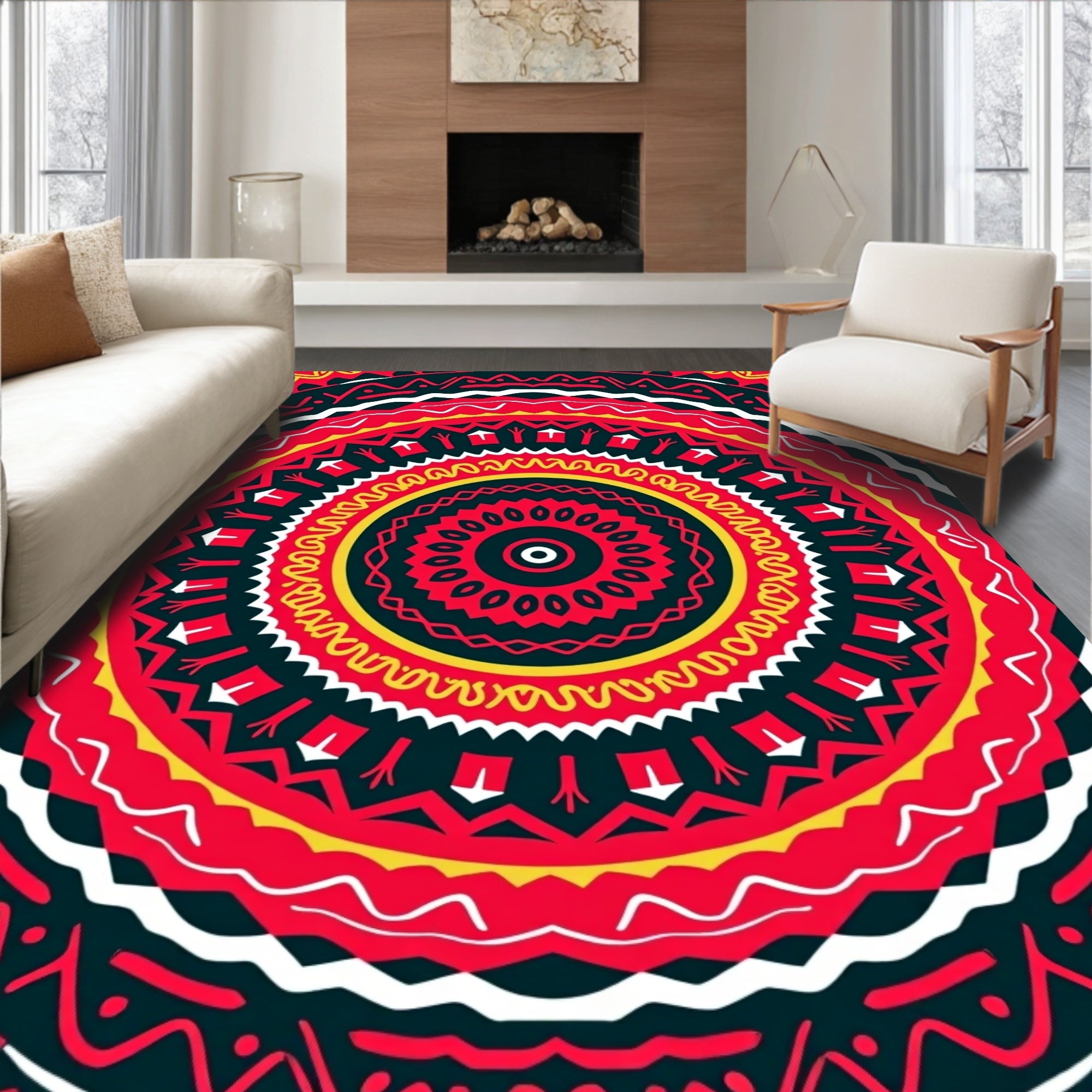 Vibrant Crimson Yellow Dental Mandala Rug