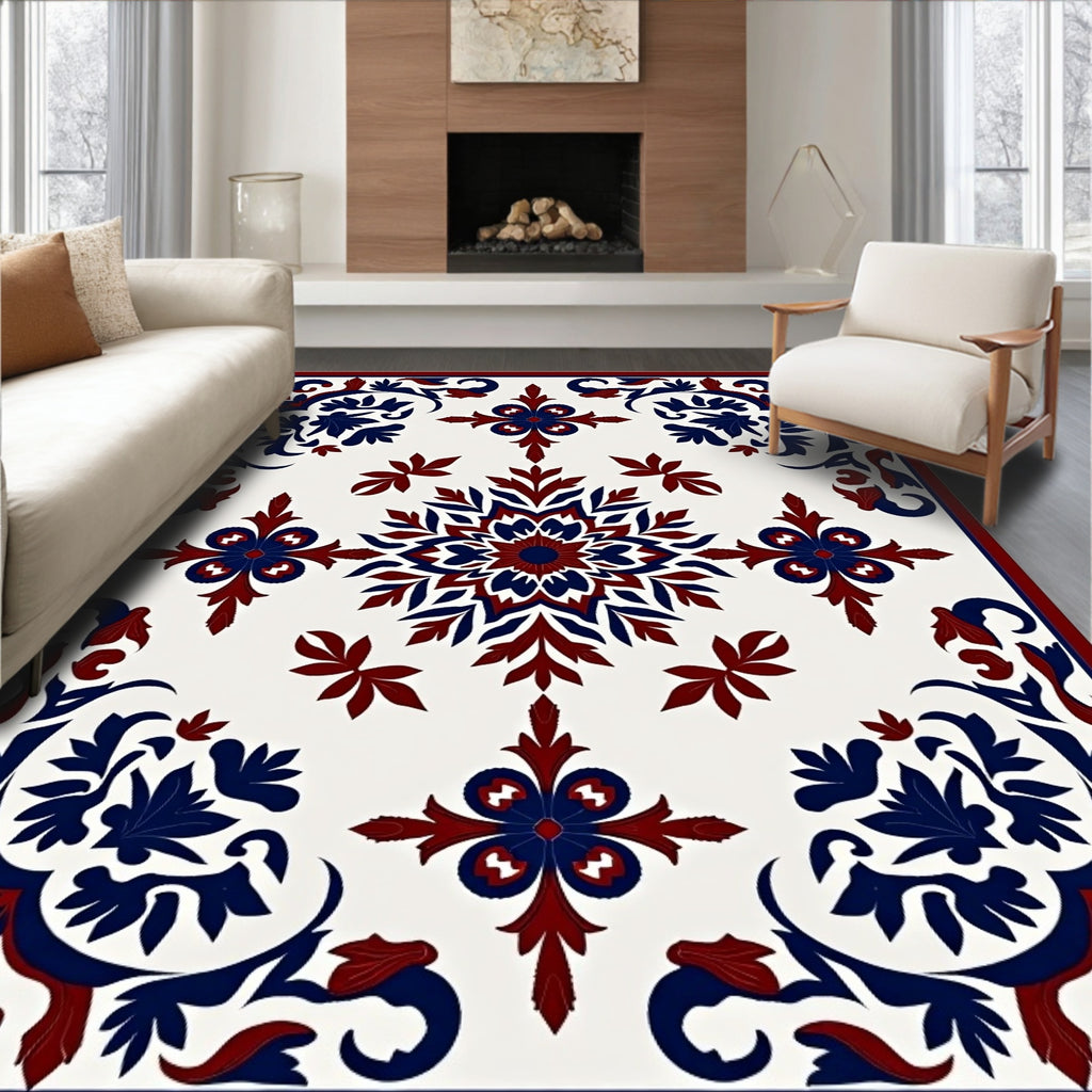 Red Blue Floral Symmetry Pattern Rug