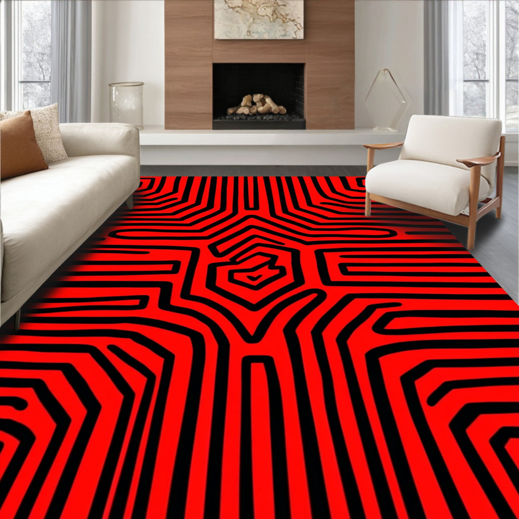 Bold Red Black Geometric Maze Rug