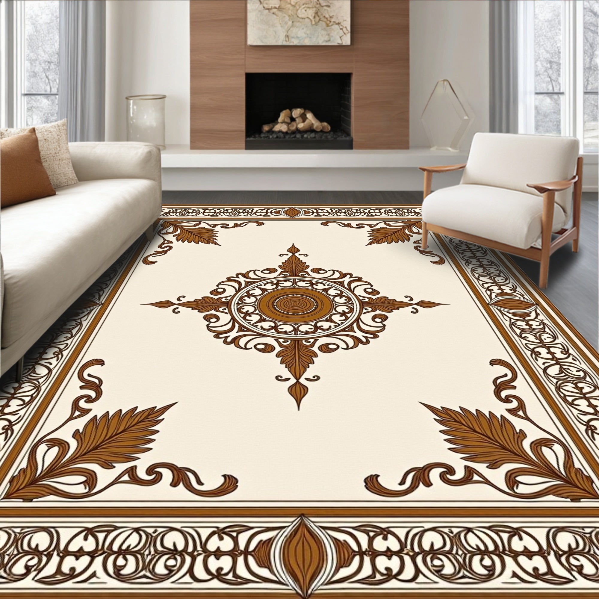 Classic Brown Leaf Medallion Border Rug