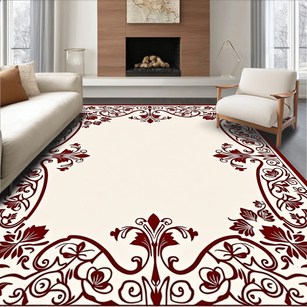 Elegant Red Floral Vine Border Rug