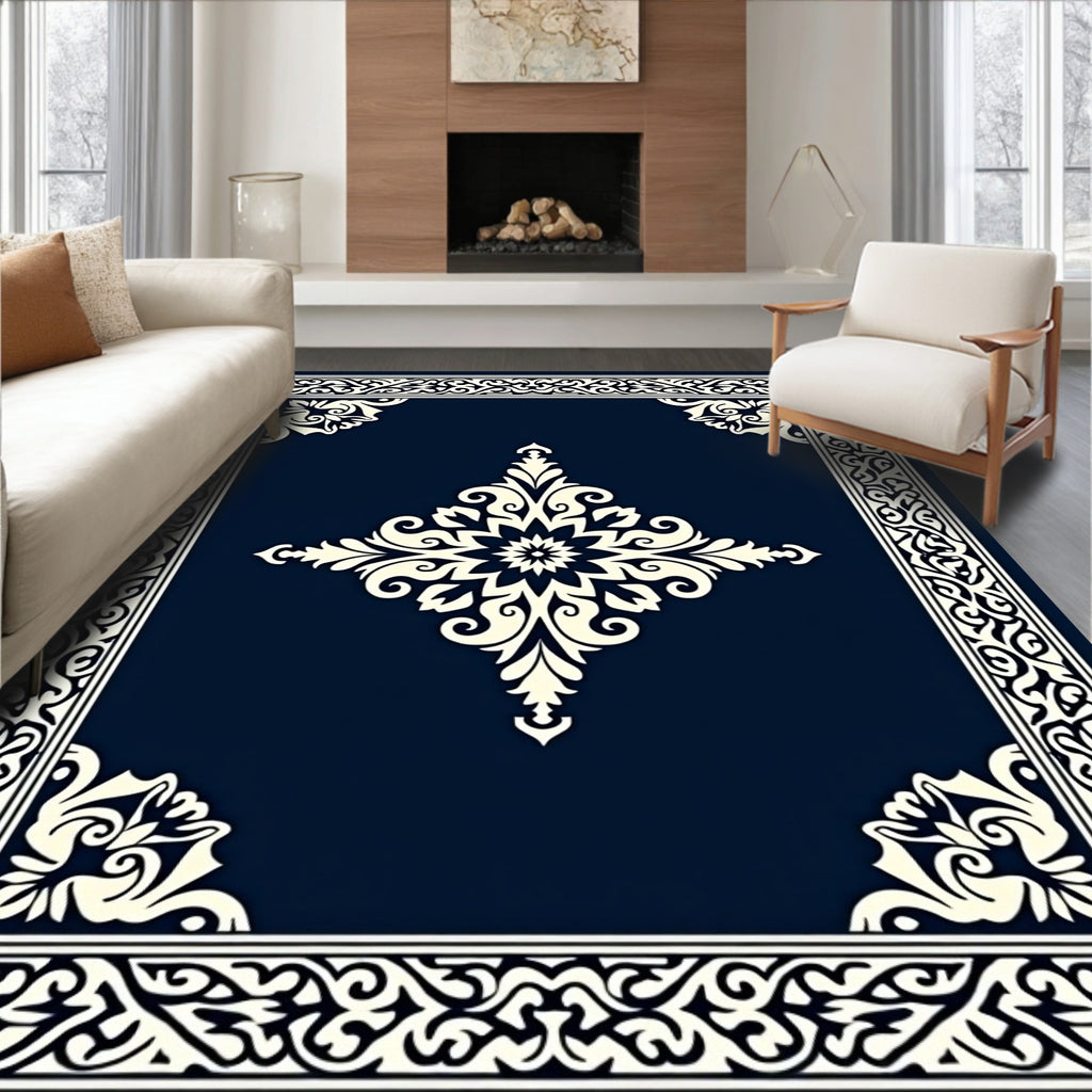 Elegant Ivory Navy Floral Medallion Rug