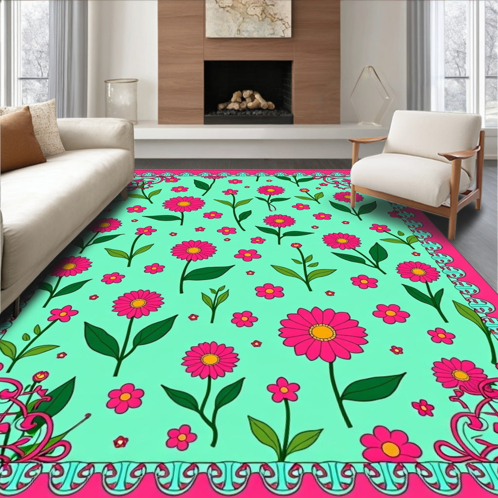 Vibrant Pink Daisy Garden Teal Rug