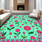Vibrant Pink Daisy Garden Teal Rug