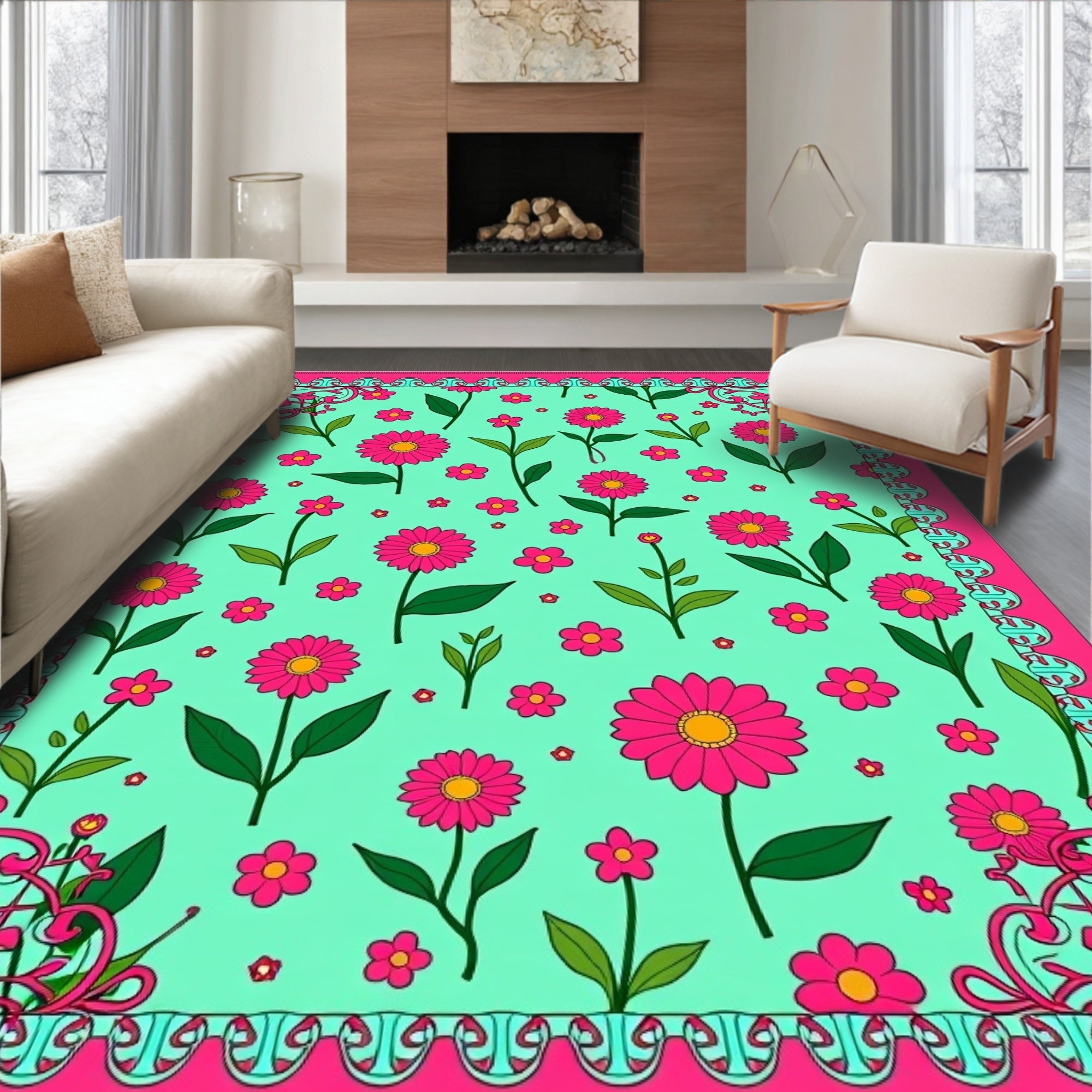 Vibrant Pink Daisy Garden Teal Rug