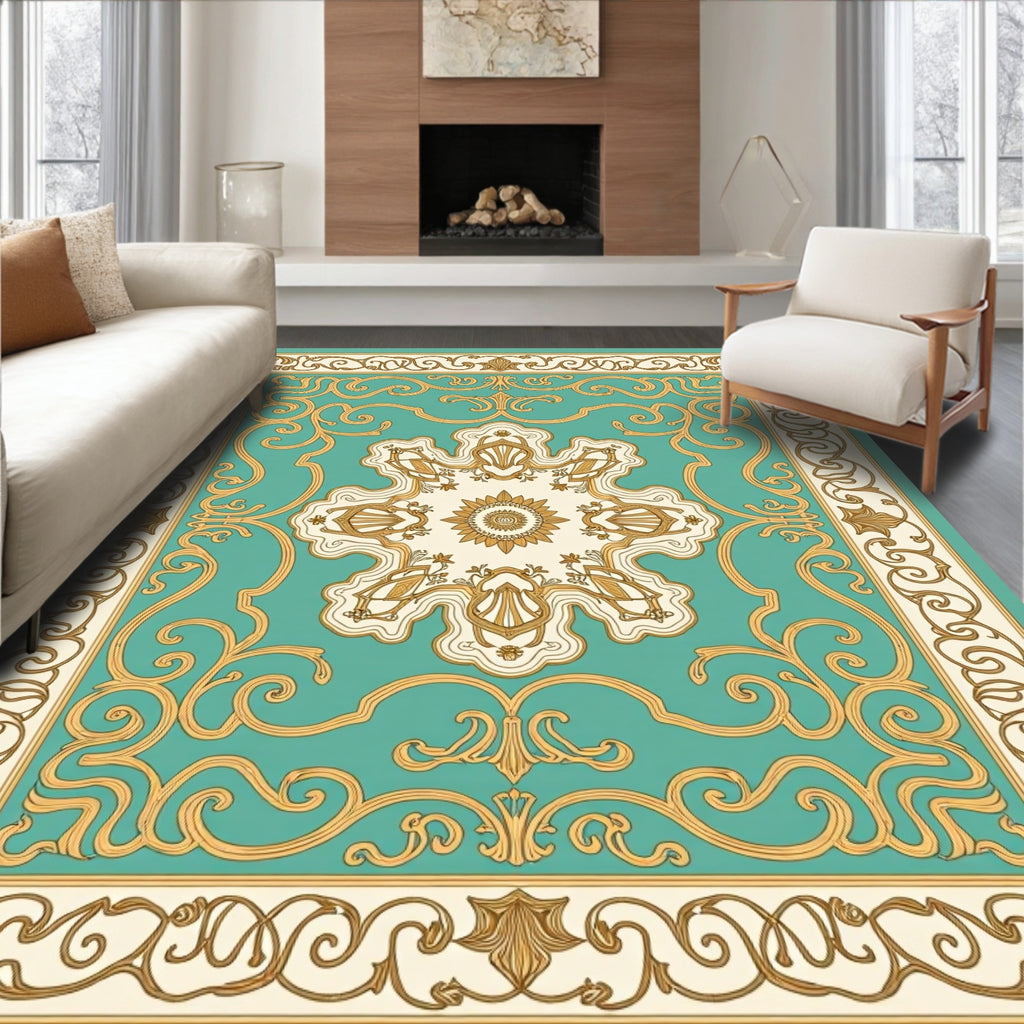 Elegant Gold Aqua Floral Medallion Pattern Rug