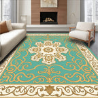 Elegant Gold Aqua Floral Medallion Pattern Rug