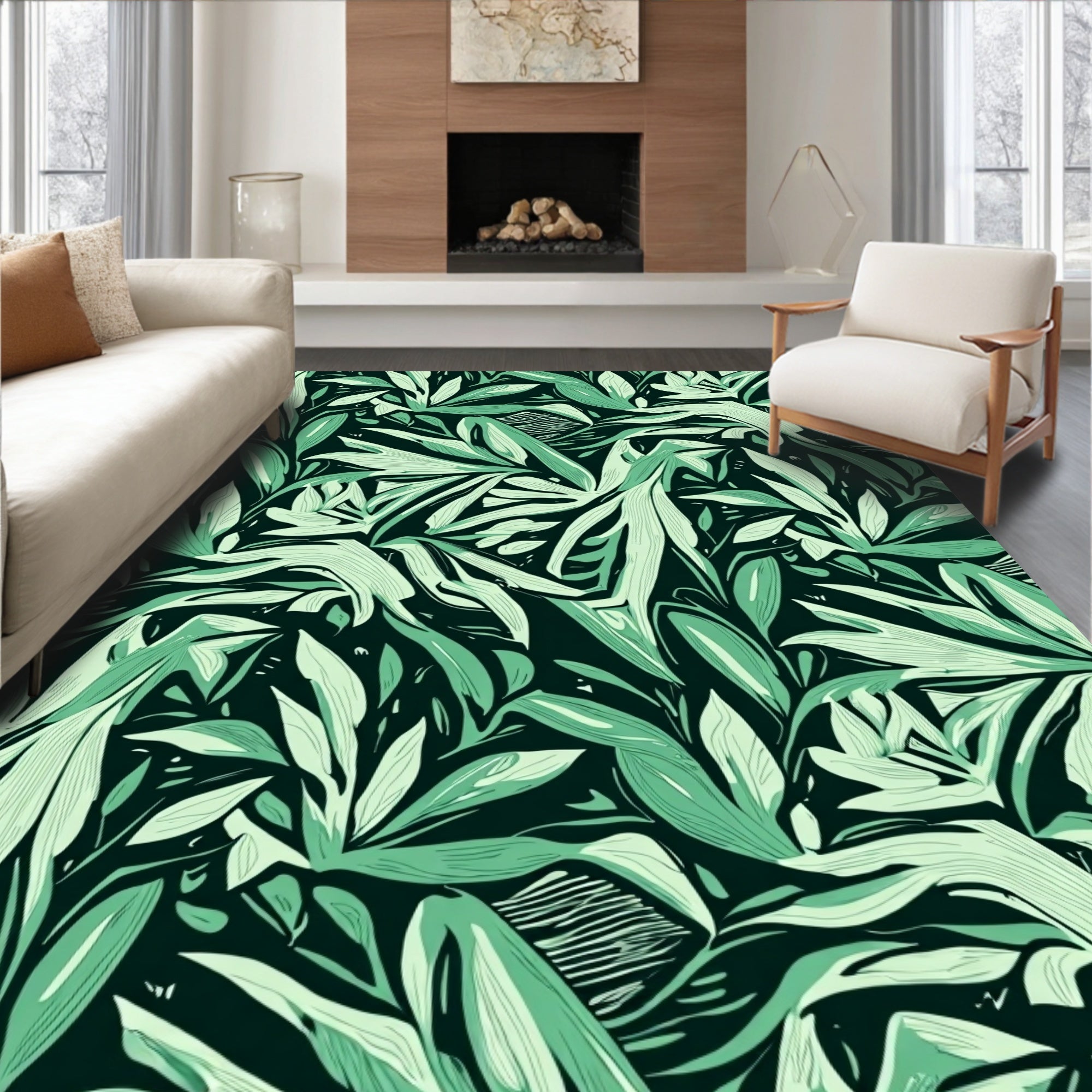 Verdant Leaf Pattern Artful Print Rug