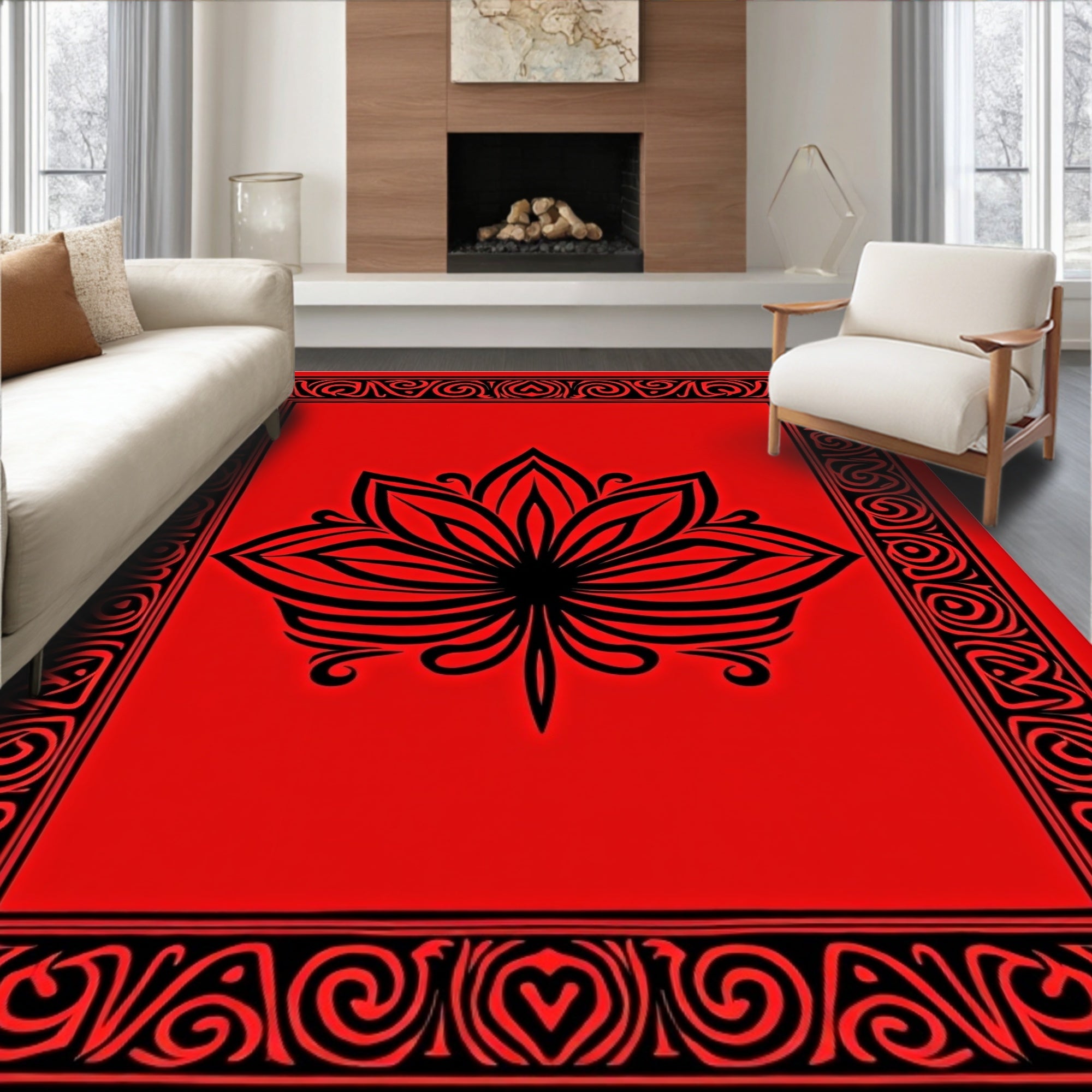 Bold Red Black Floral Mandala Rug