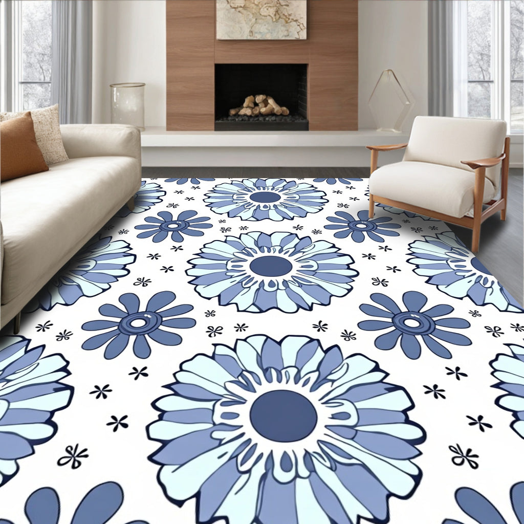 Retro Blue Floral Pattern Rug