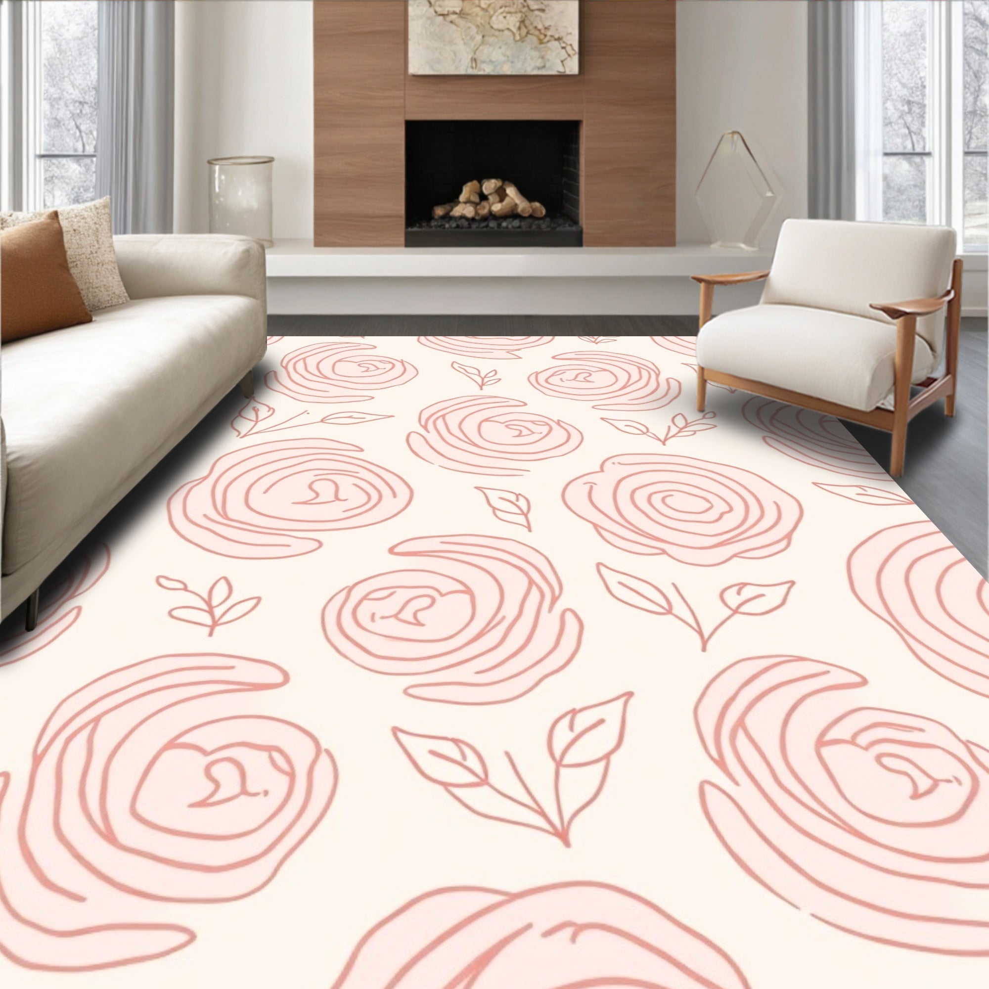 Delicate Rose Blooms Line Art Rug