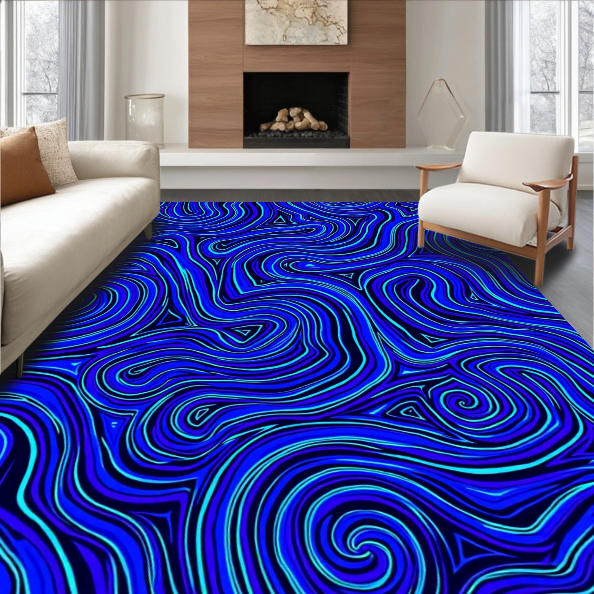 Electric Blue Swirl Lines Rug