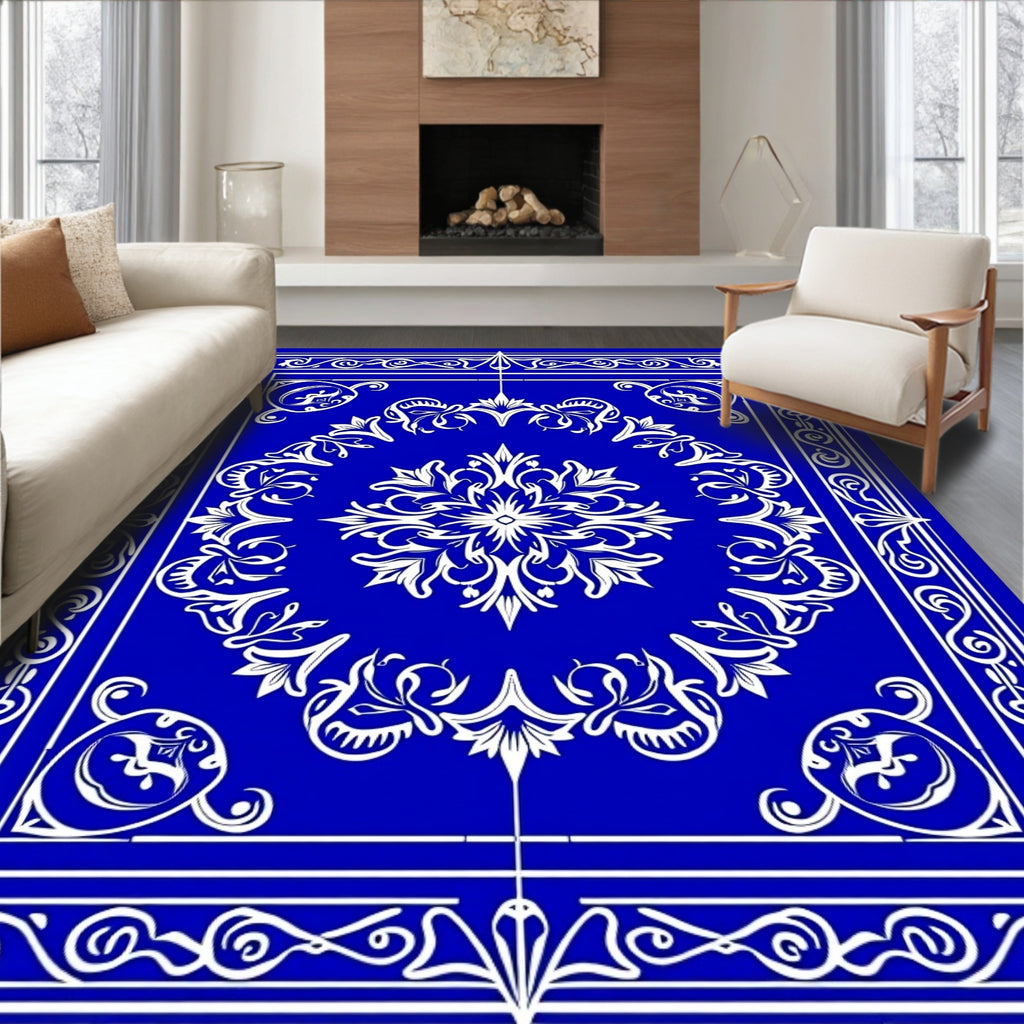 Ornate Blue White Floral Scroll Rug