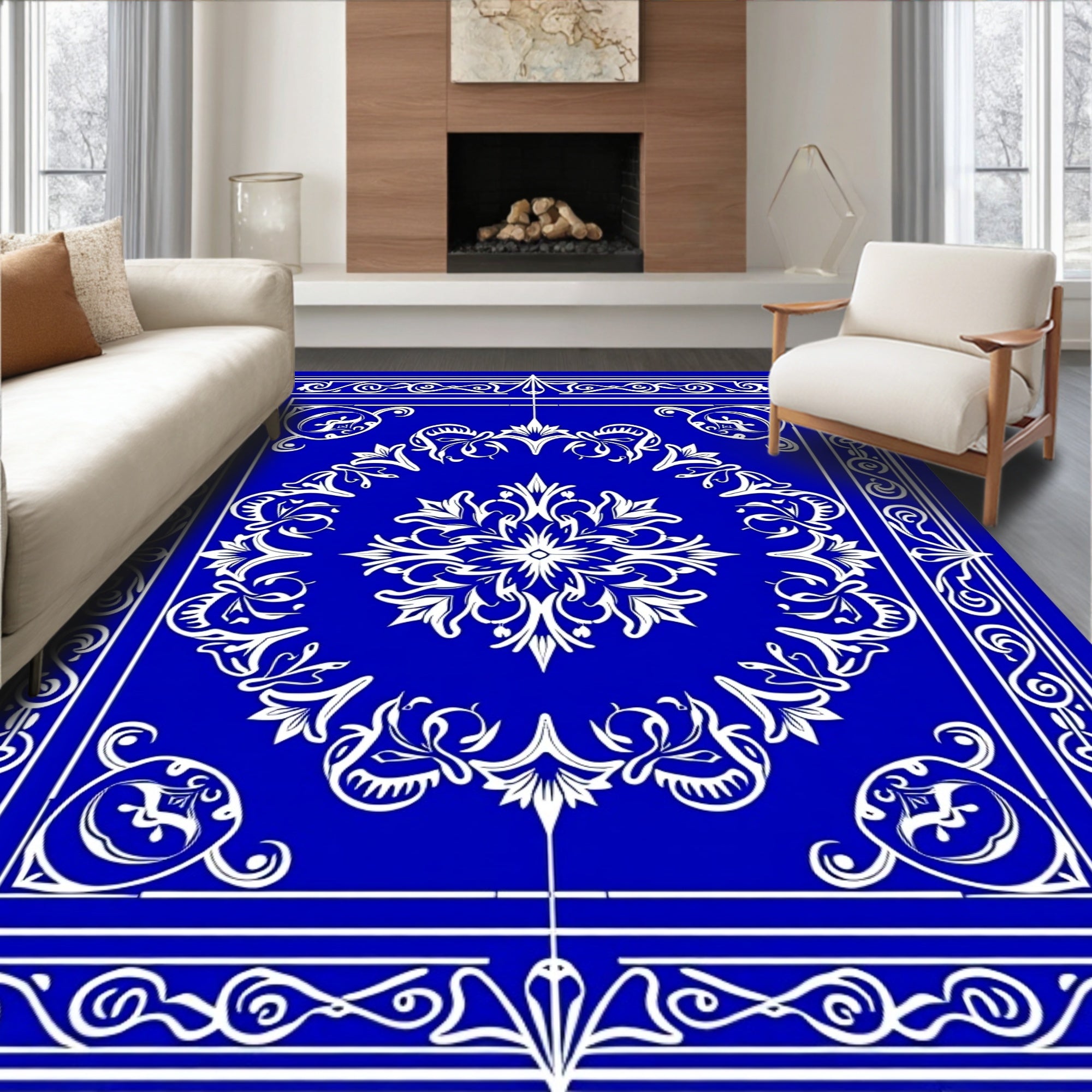 Ornate Blue White Floral Scroll Rug