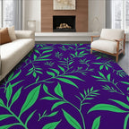 Vibrant Green Leaf Swirls on Purple Rug