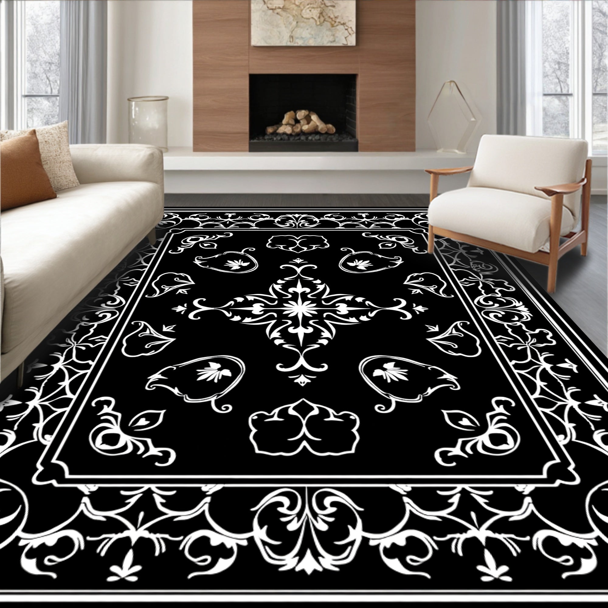 Classic Floral Motif Black and White Rug