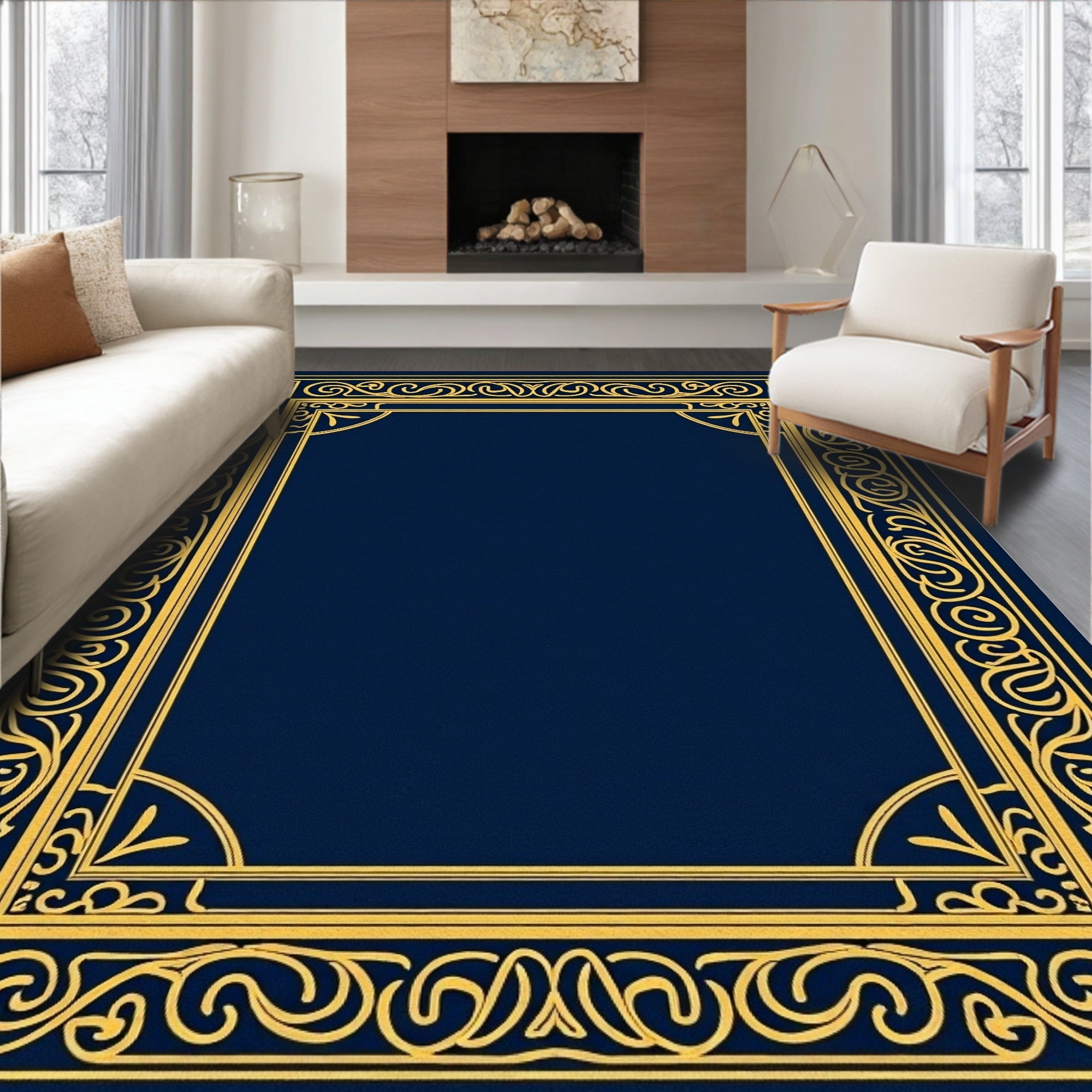 Ornate Gold Border Classic Navy Rug