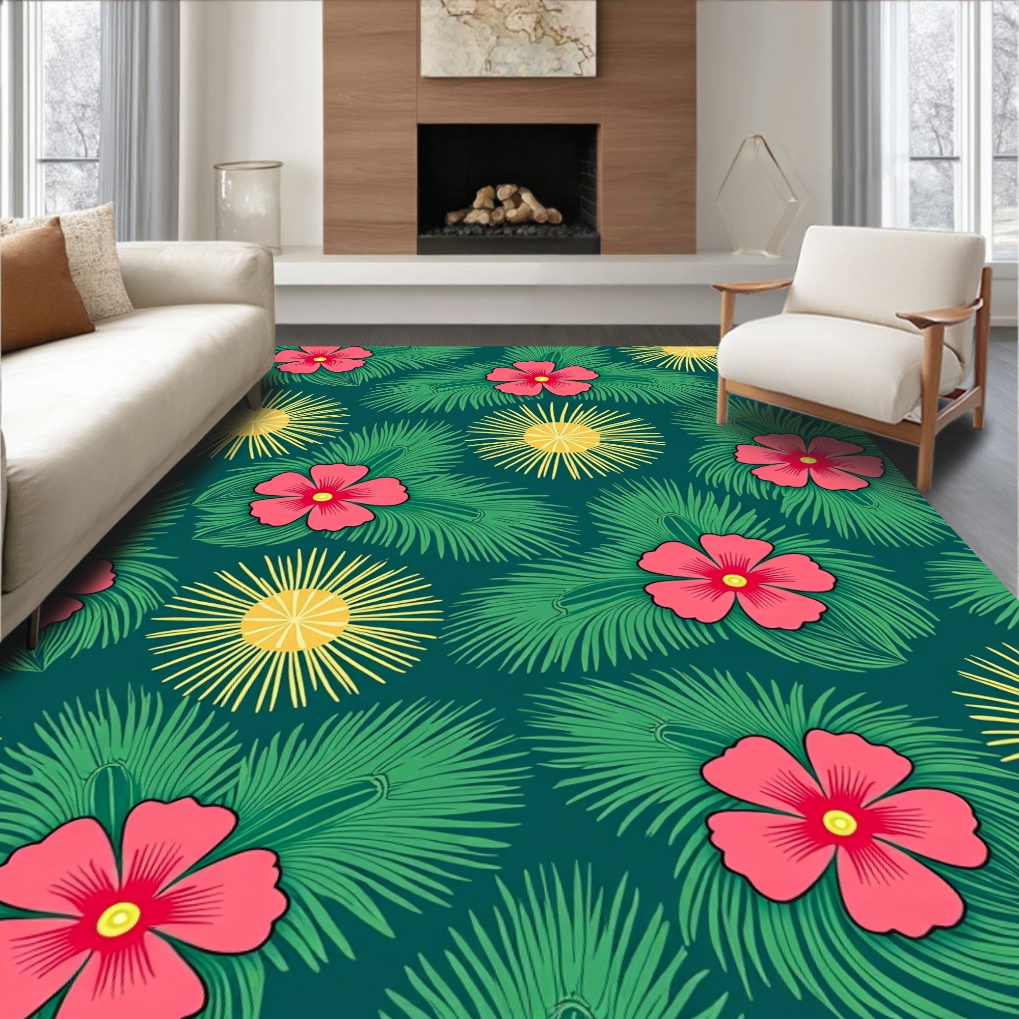 Tropical Floral And Leaf Pattern Rug