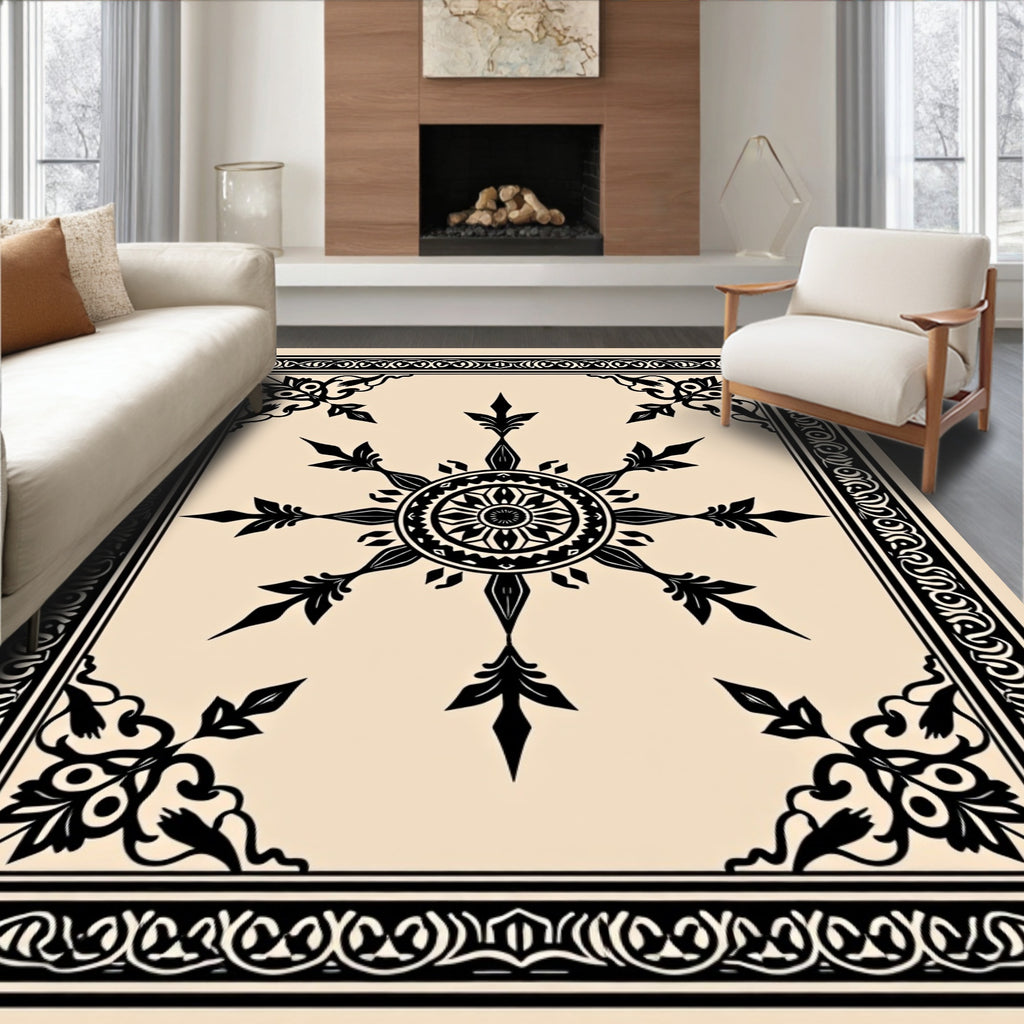 Ornate Black Floral Mandala Border Rug
