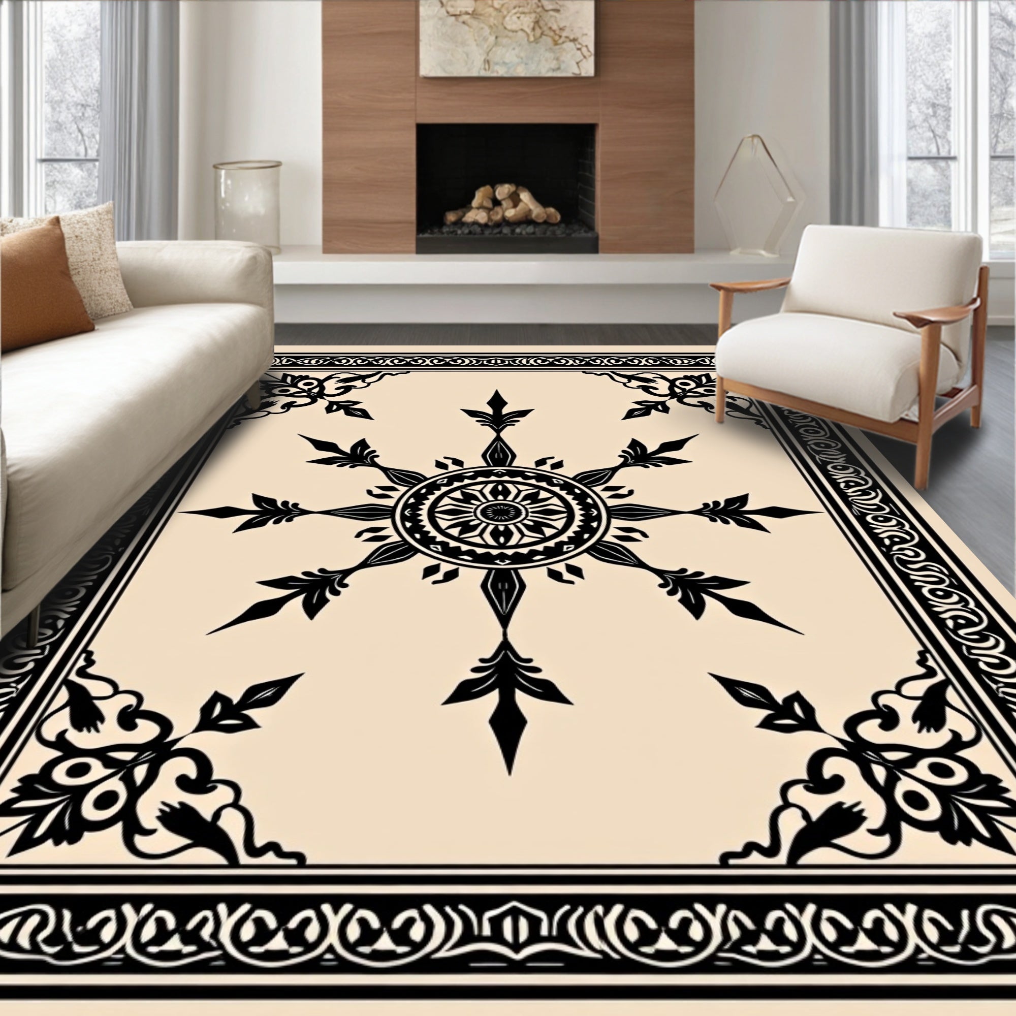 Ornate Black Floral Mandala Border Rug