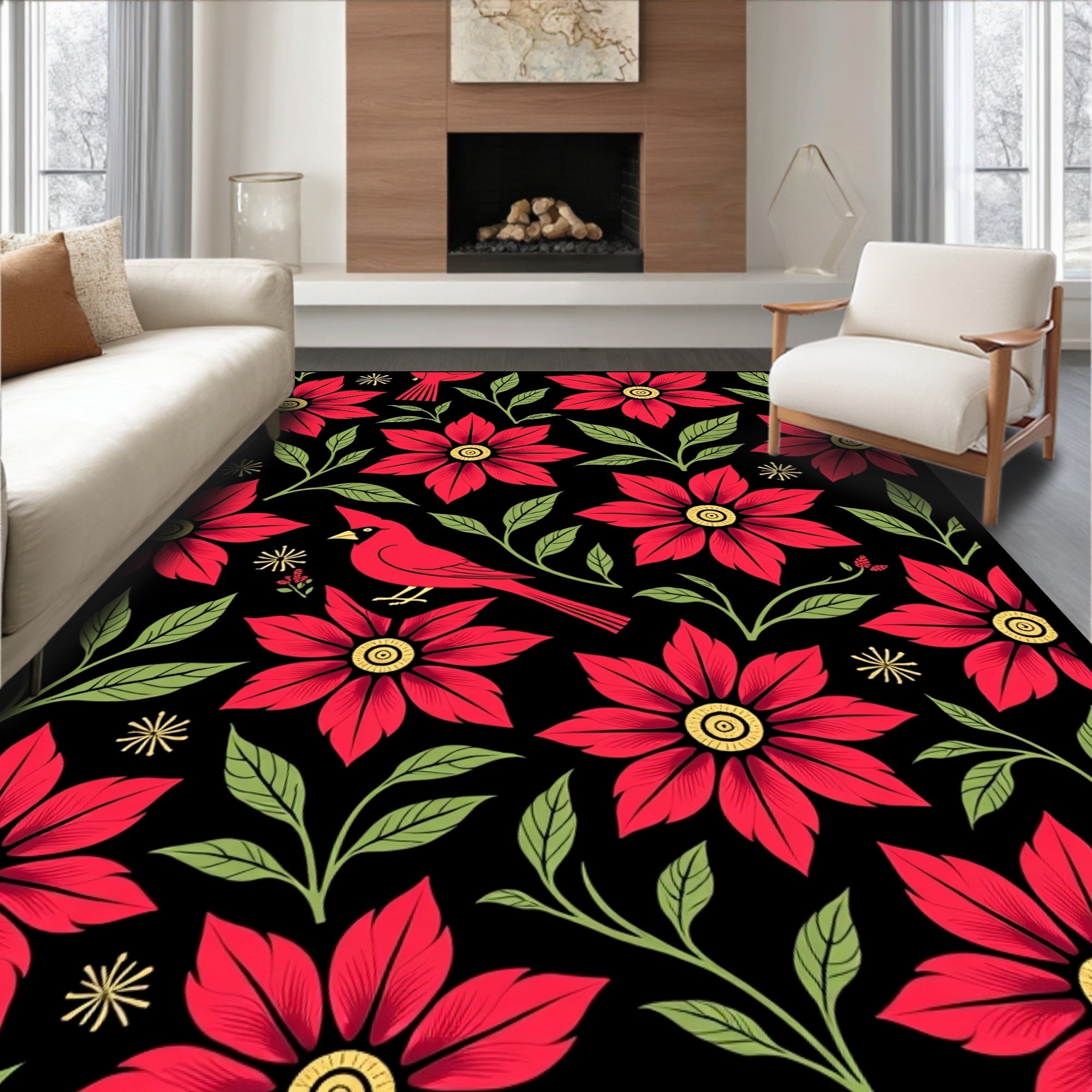 Crimson Cardinal Floral Garland Rug