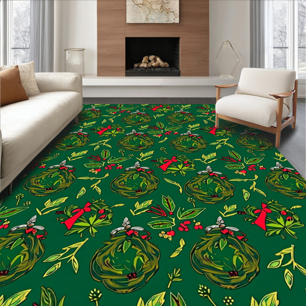 Festive Green Wreath Red Bow Rug