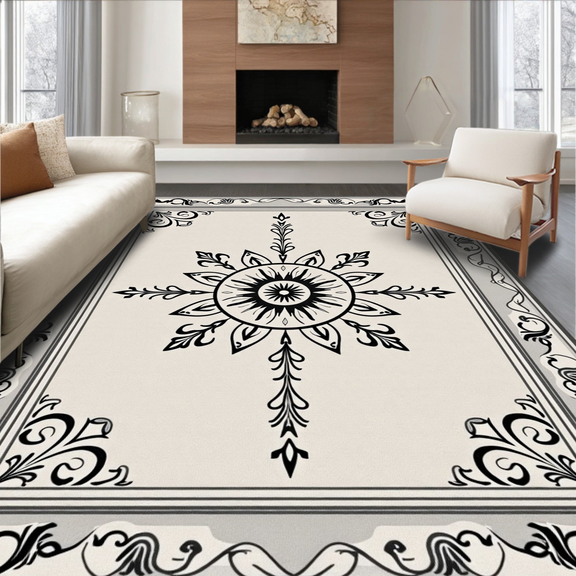 Ornate Black White Floral Sun Rug
