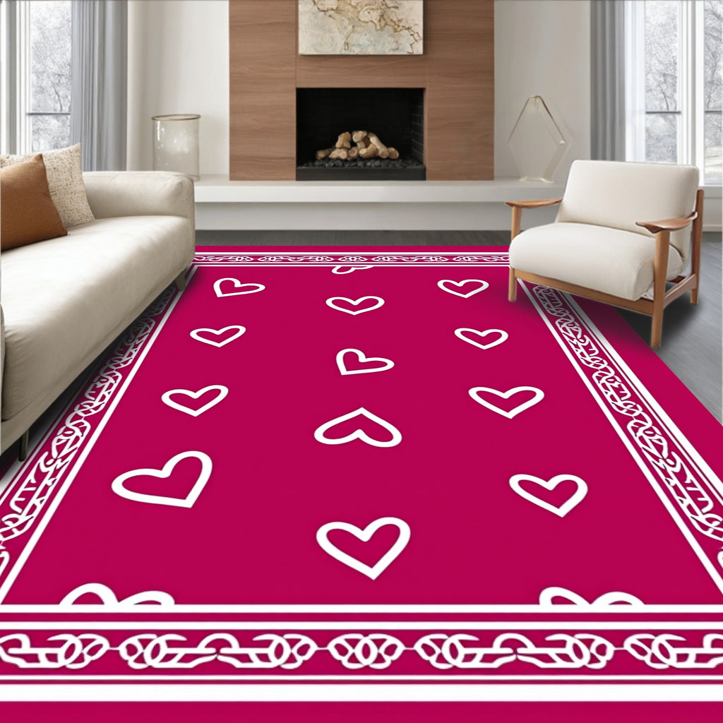 Pink Heart Pattern With Ornate Border Rug