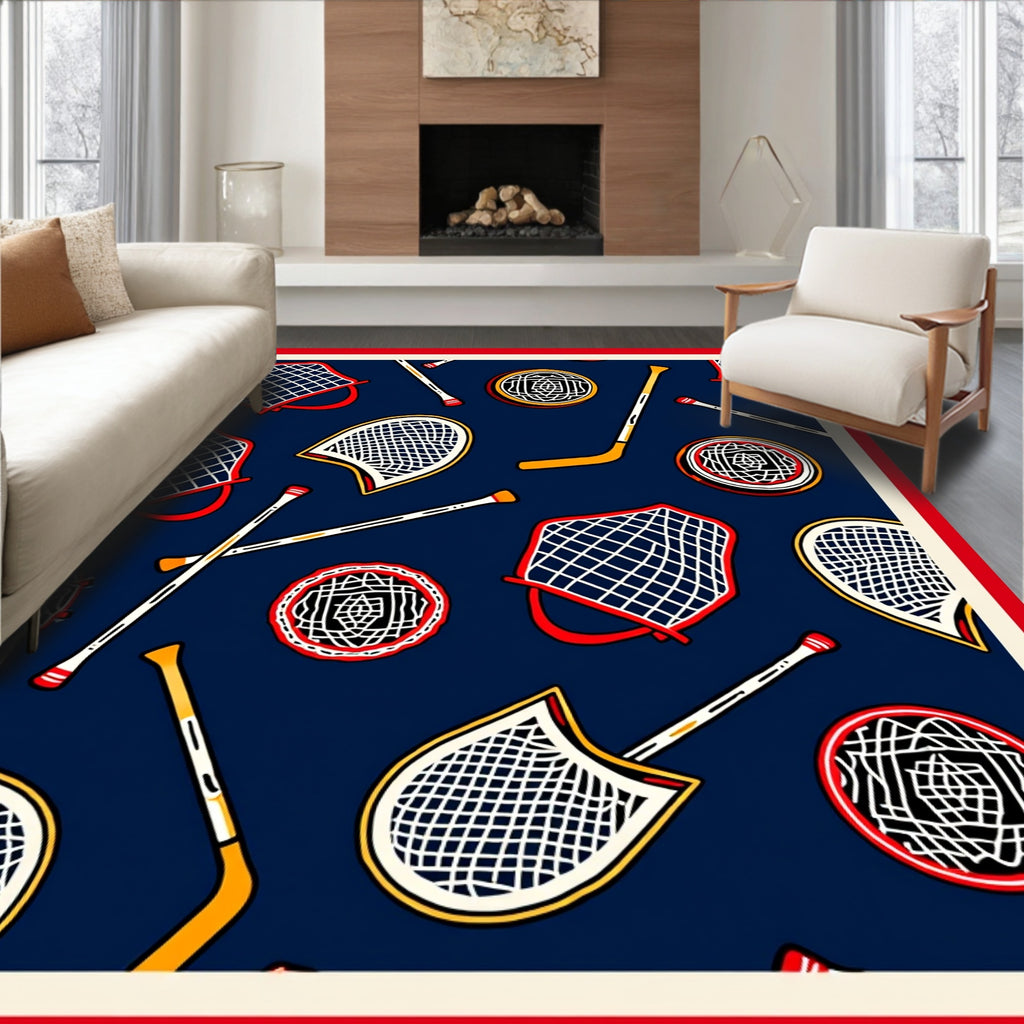Sporty Hockey Puck And Net Design Rug