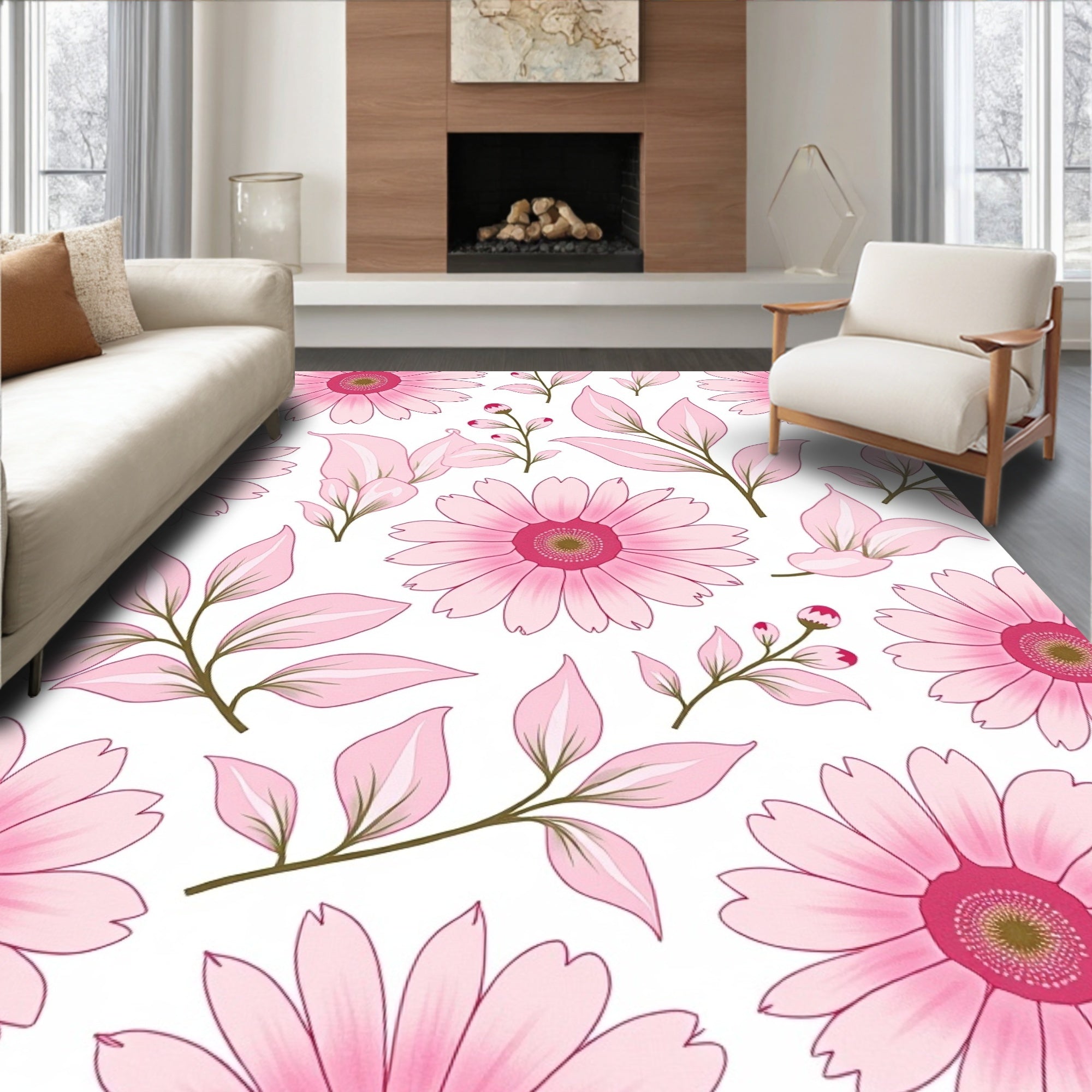 Pink Flowers Delicate Leaves Pattern Rug