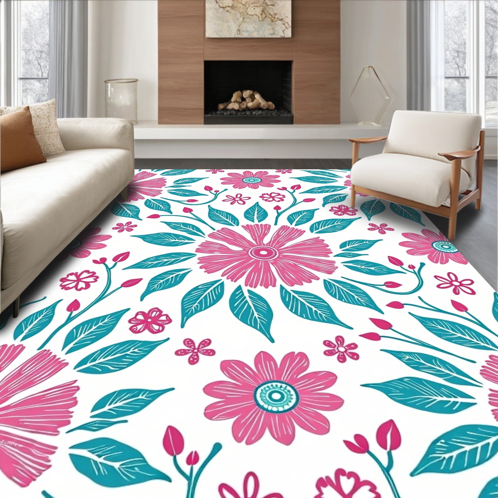 Pink Teal Floral Mandala Pattern Rug