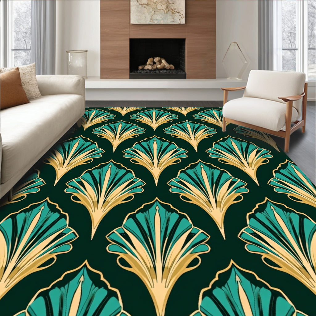 Art Deco Teal Fan Pattern Rug