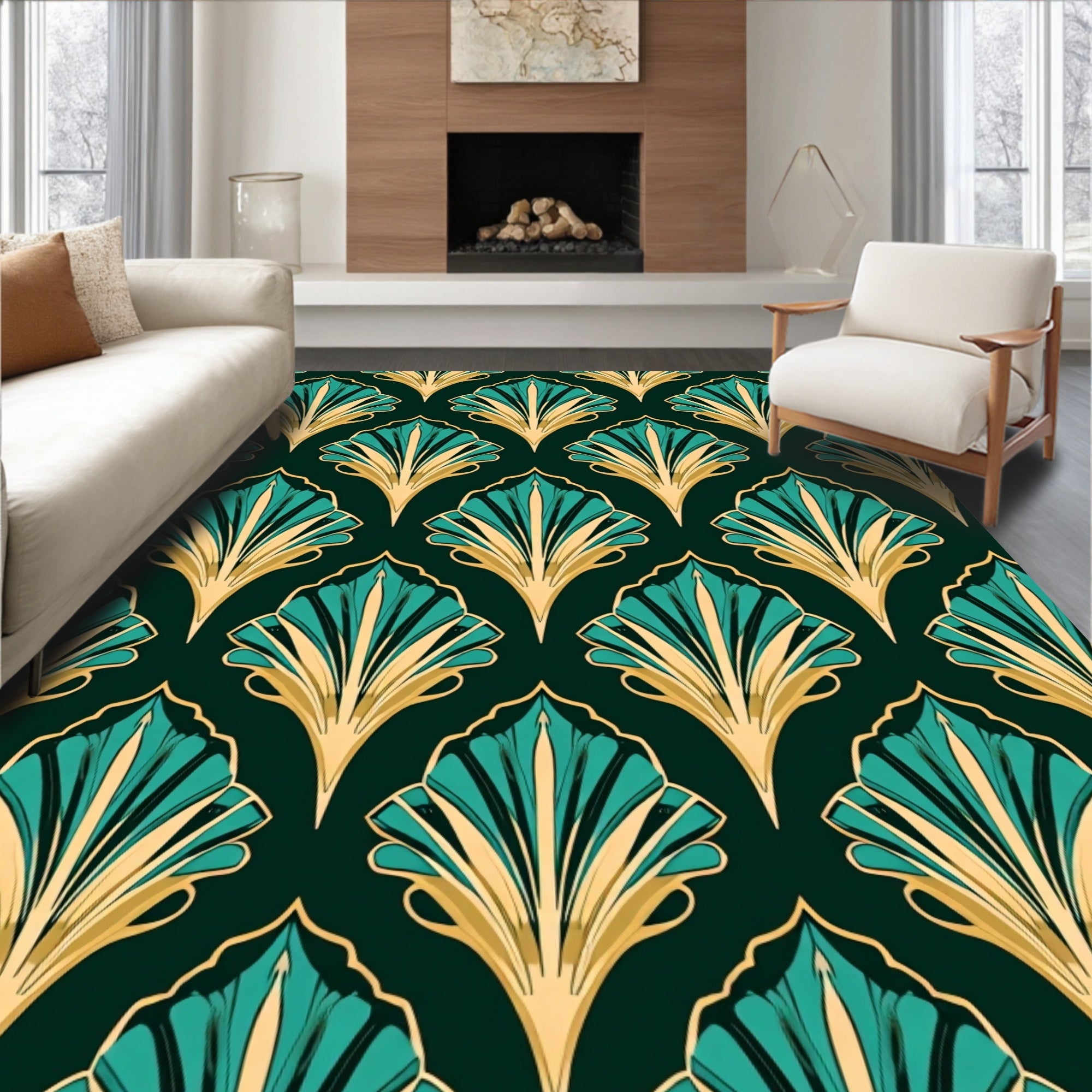 Art Deco Teal Fan Pattern Rug