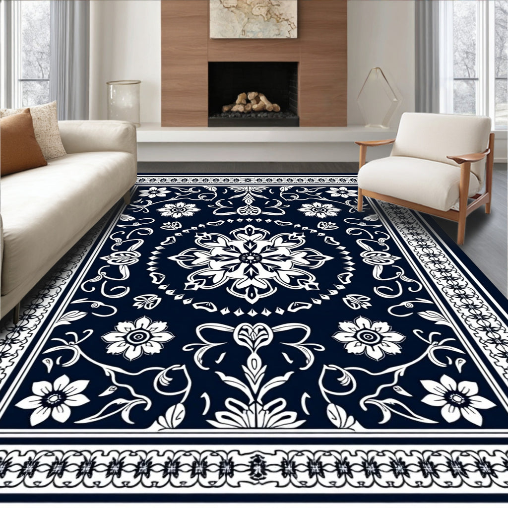 Dark Blue White Floral Medallion Design Rug