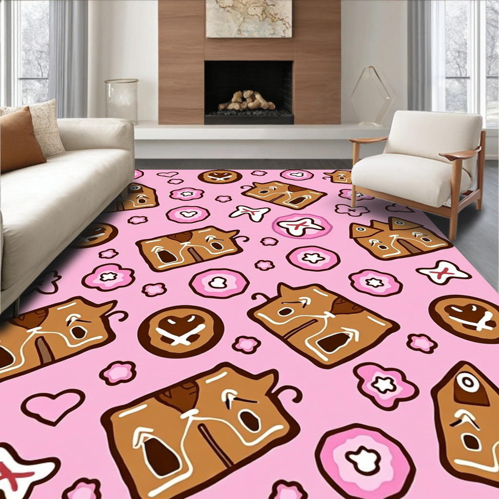Pink Brown Gingerbread Folk Art Rug