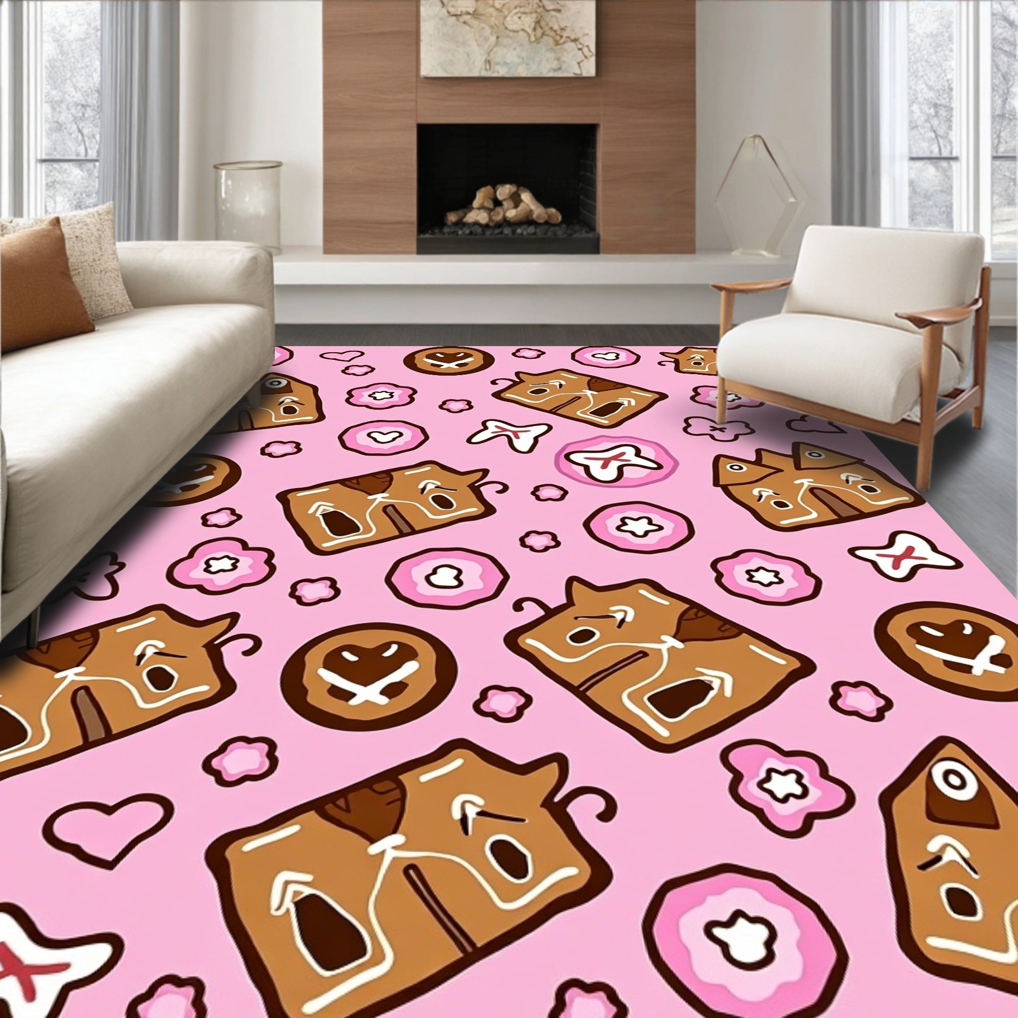 Pink Brown Gingerbread Folk Art Rug