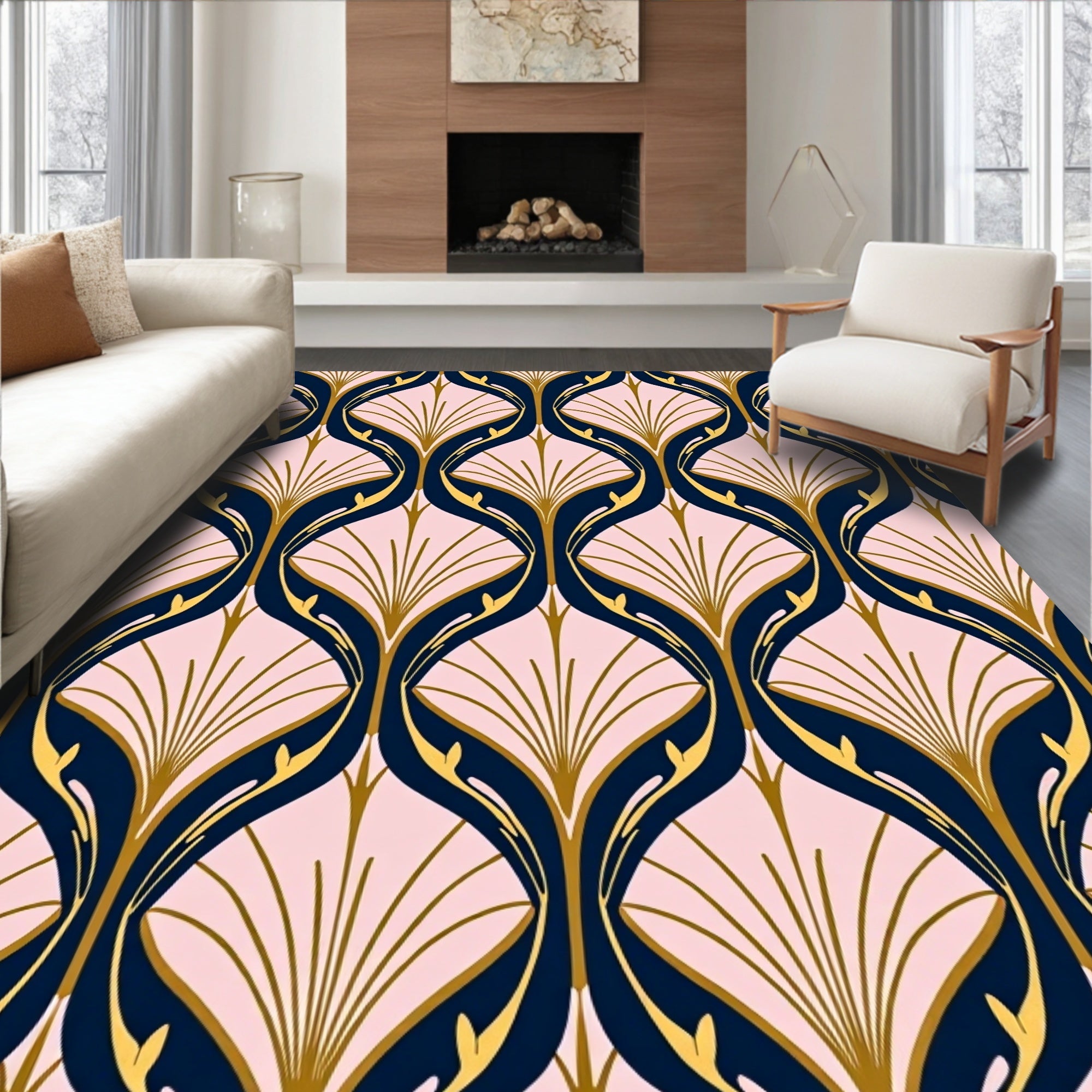 Art Nouveau Navy Gold Fan Pattern Rug